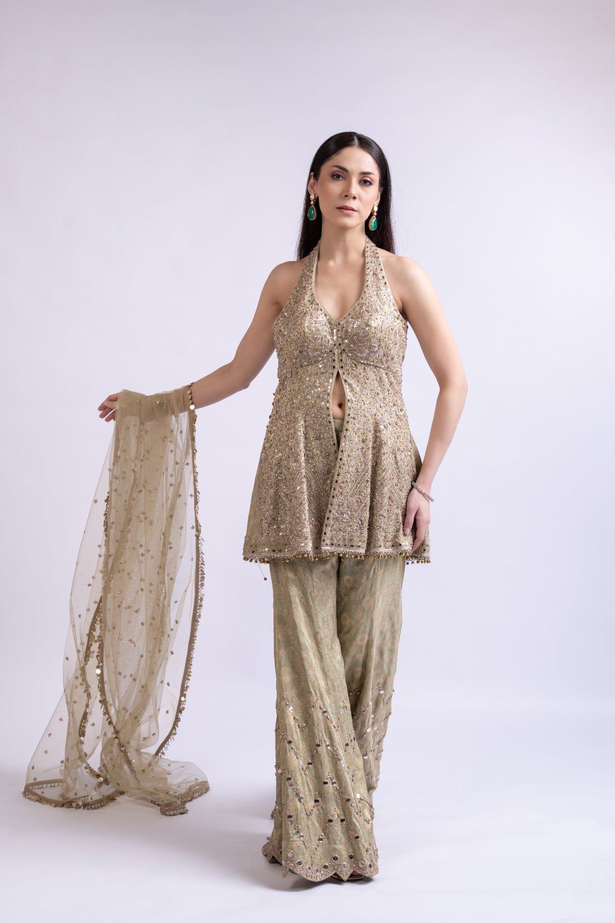 Pista Green Jacquard Short Anarkali with Sharara & Accent Dupatta