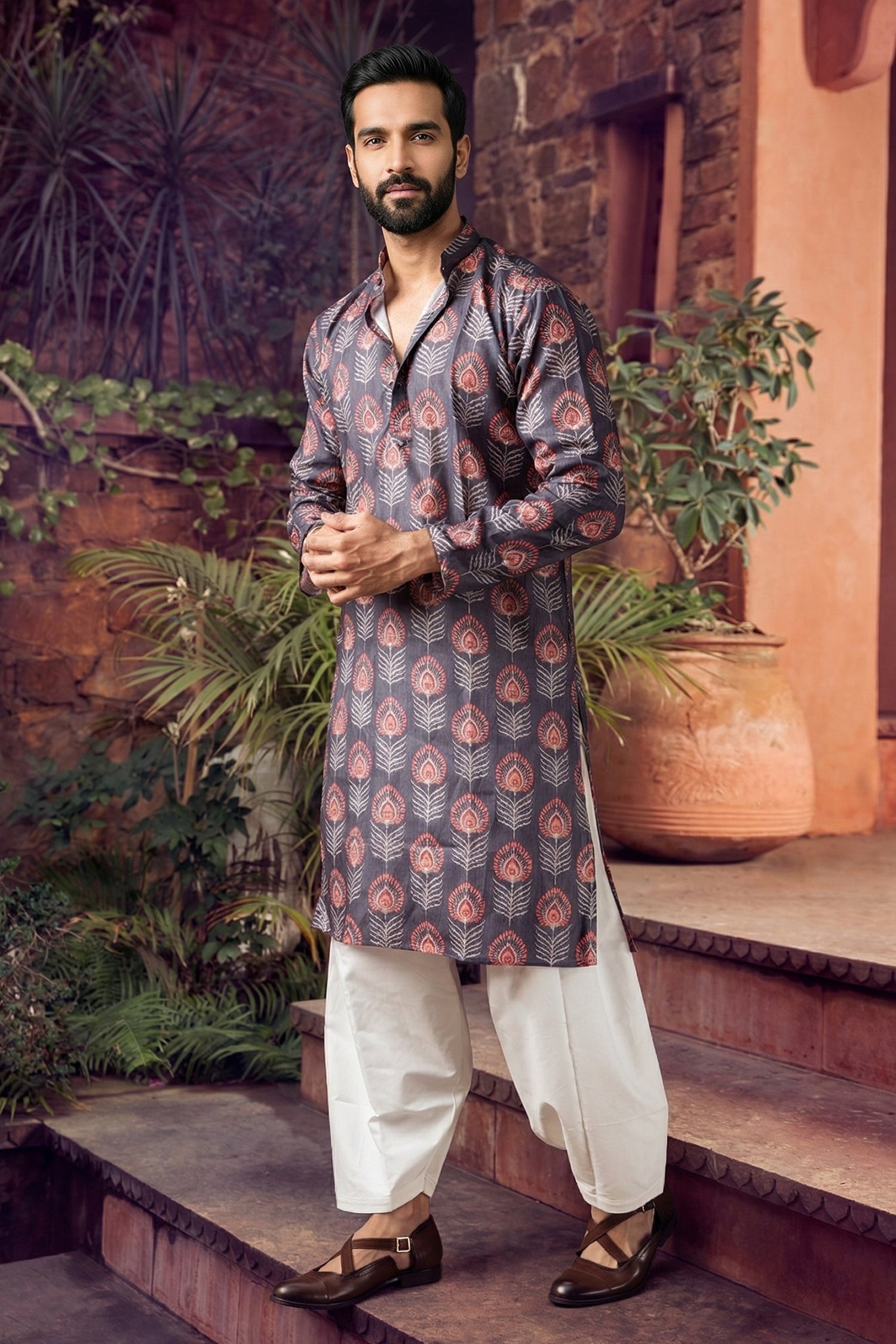 Men's Blended Cotton Cream Designer Printed Kurta with payjama