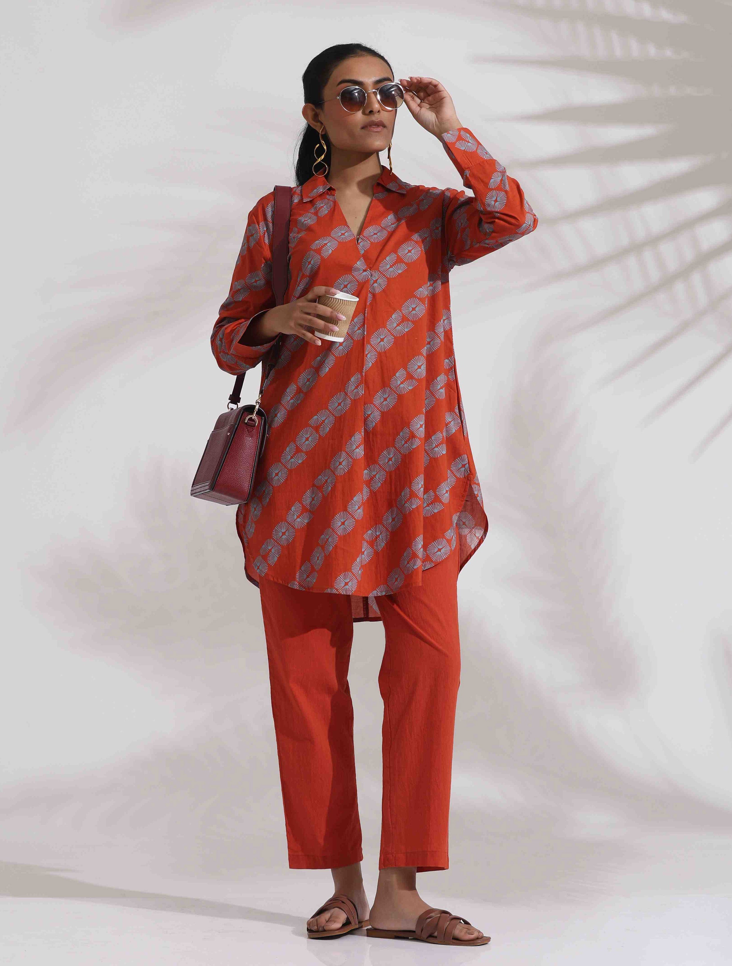 trueBrowns Orange Cotton Print  Co-ord Set