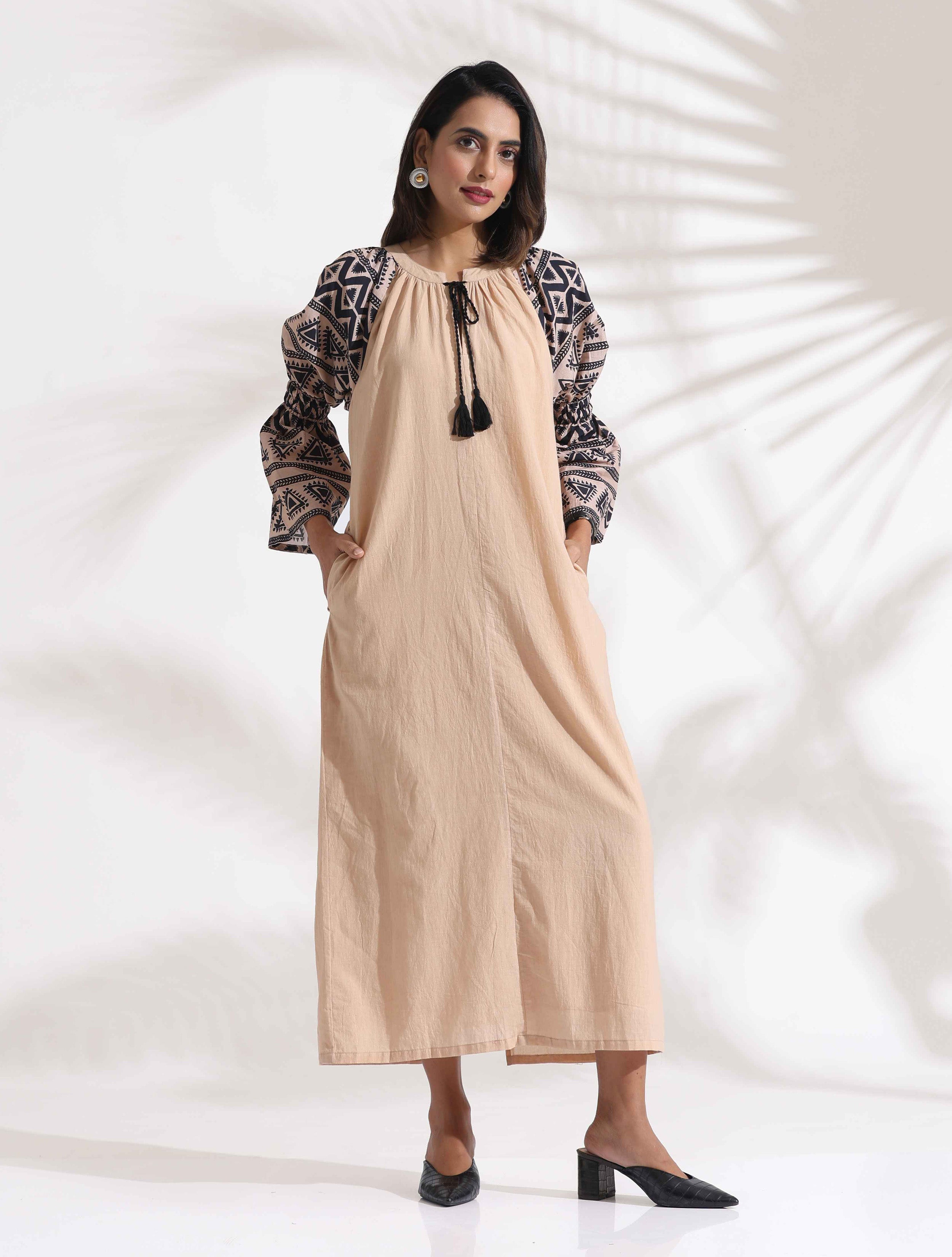 trueBrowns Beige Cotton Print Long Dress