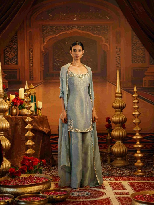 ice blue kasab silk spaghetti kurti set - image 1