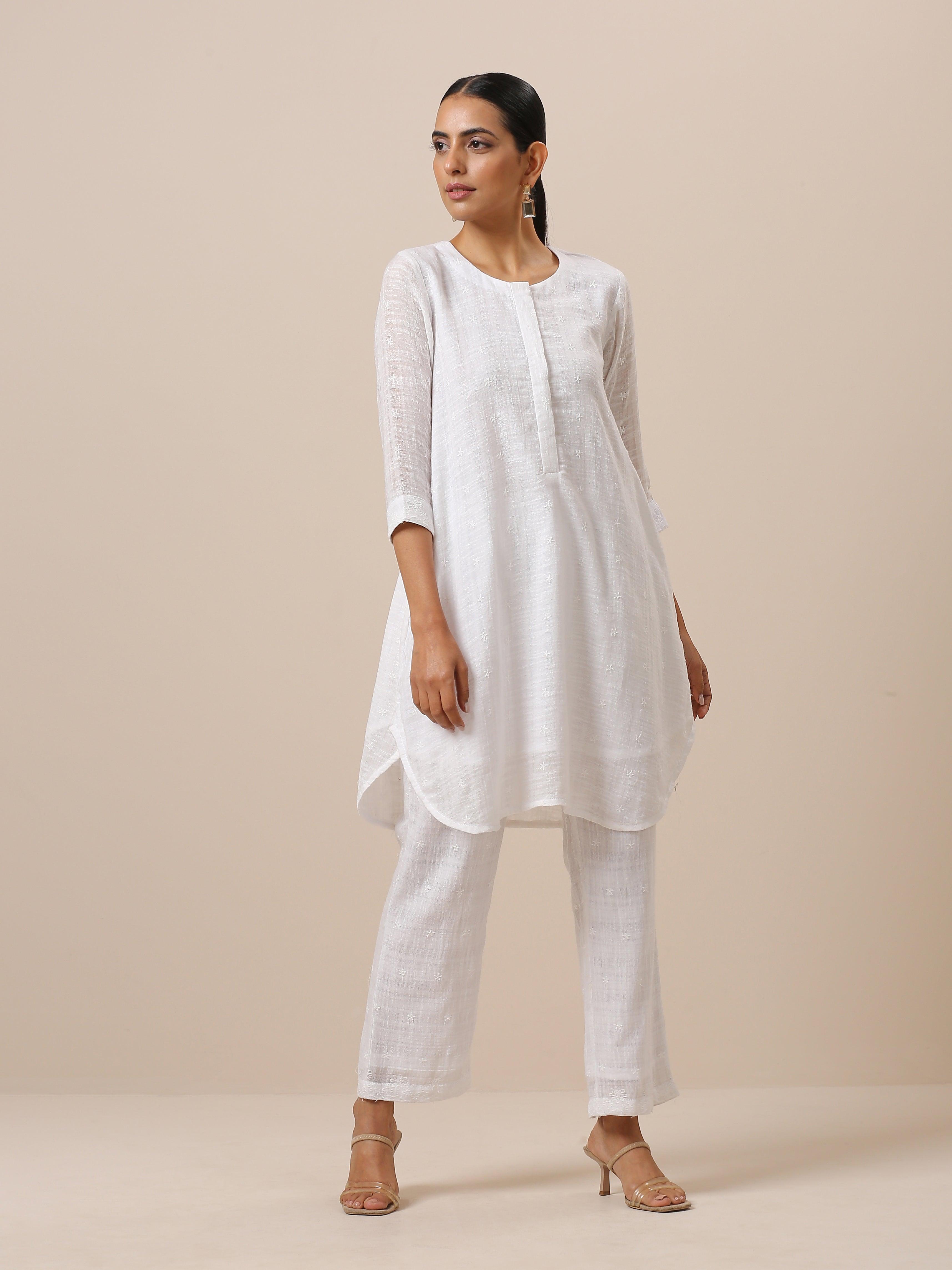 Cotton White Embroidered Short Co-Ord Set - trueBrowns