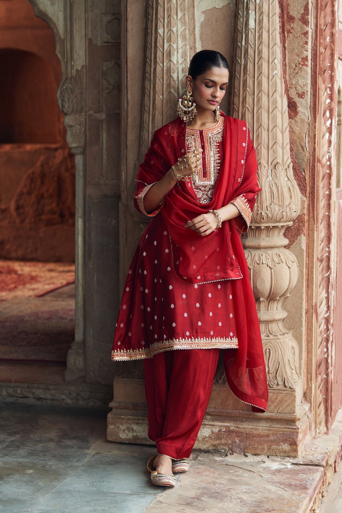 Deep Red Pure Silk Chanderi Chauga Kurta with Salwar Set