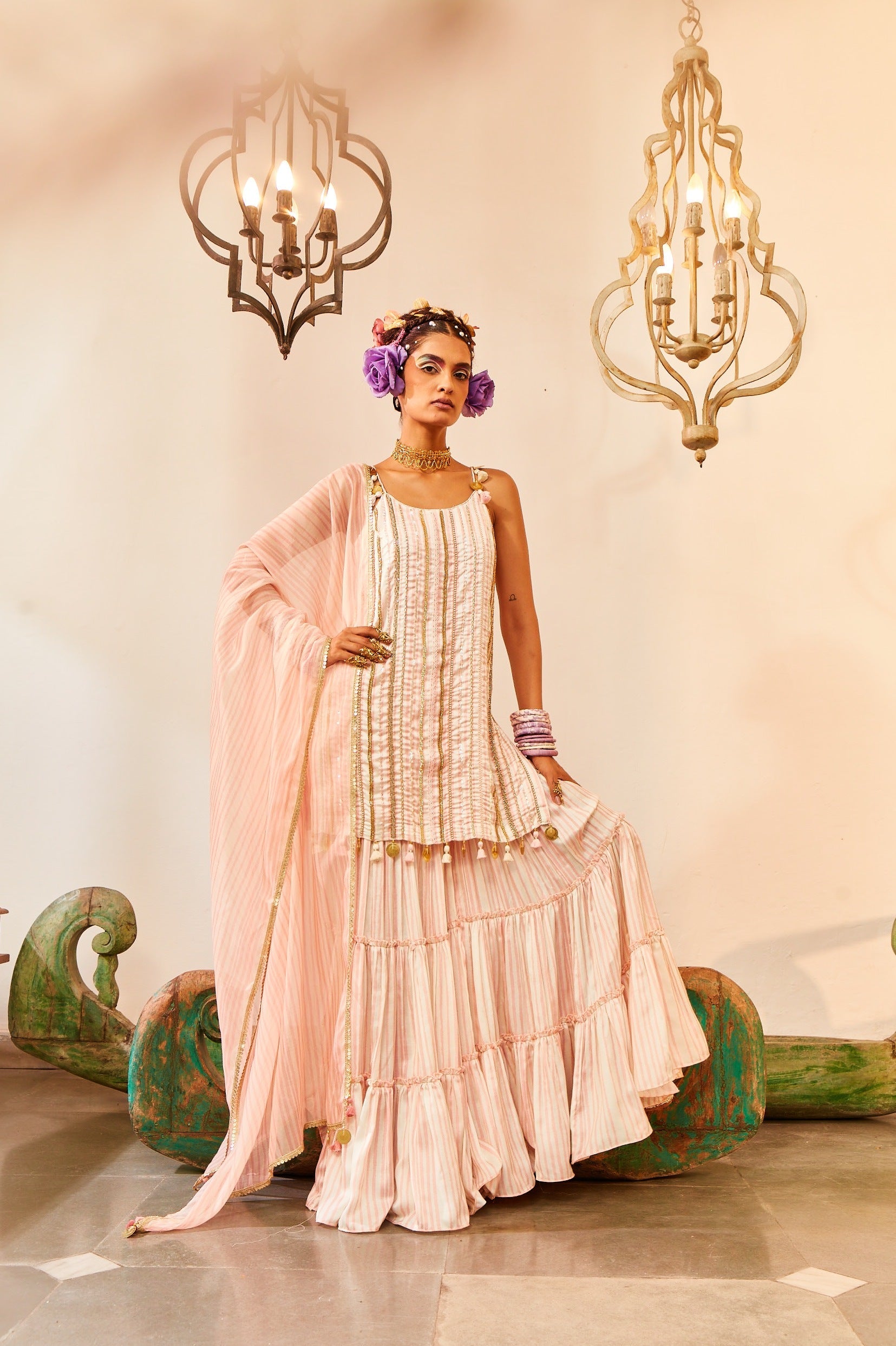 Ivory & Coral Pink Sharara Set