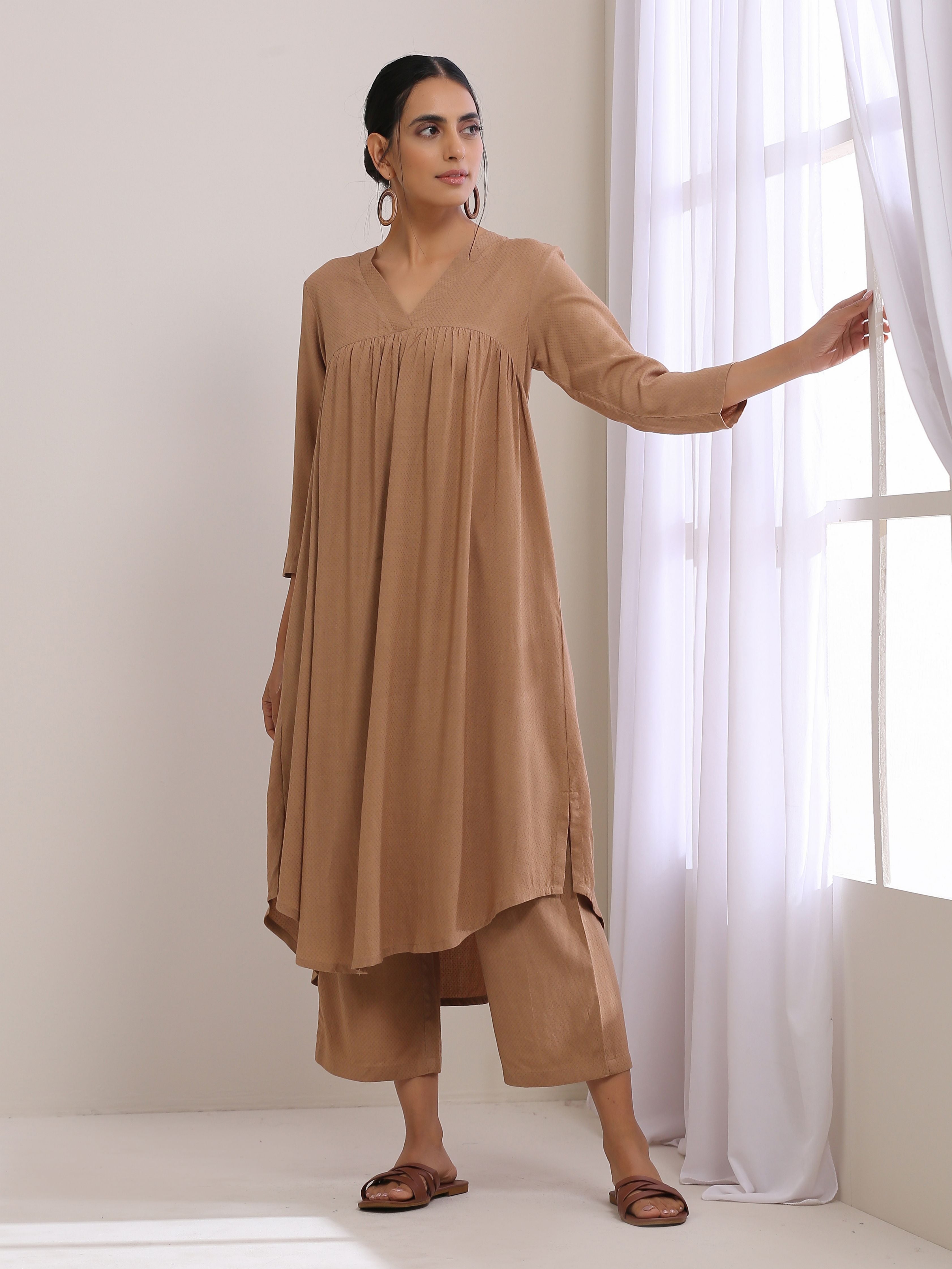 Beige Dobby Gathered Kurta Pant Set