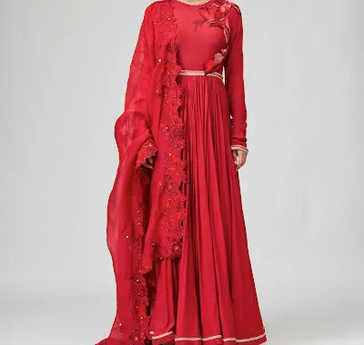 Red Opara Silk Anarkali Set with 3D Leaf Embroidery