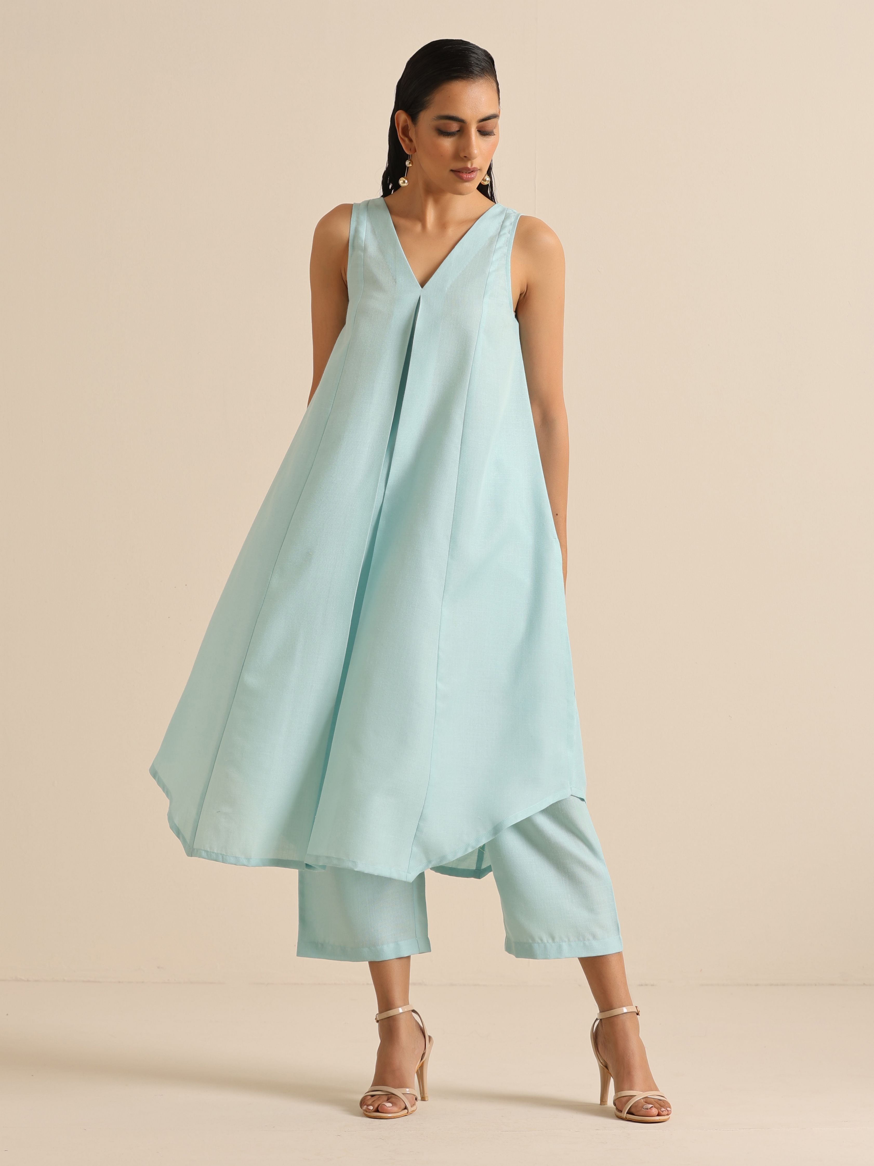 Sky Blue Slub Sleeveless Flared Kurta Pant Set