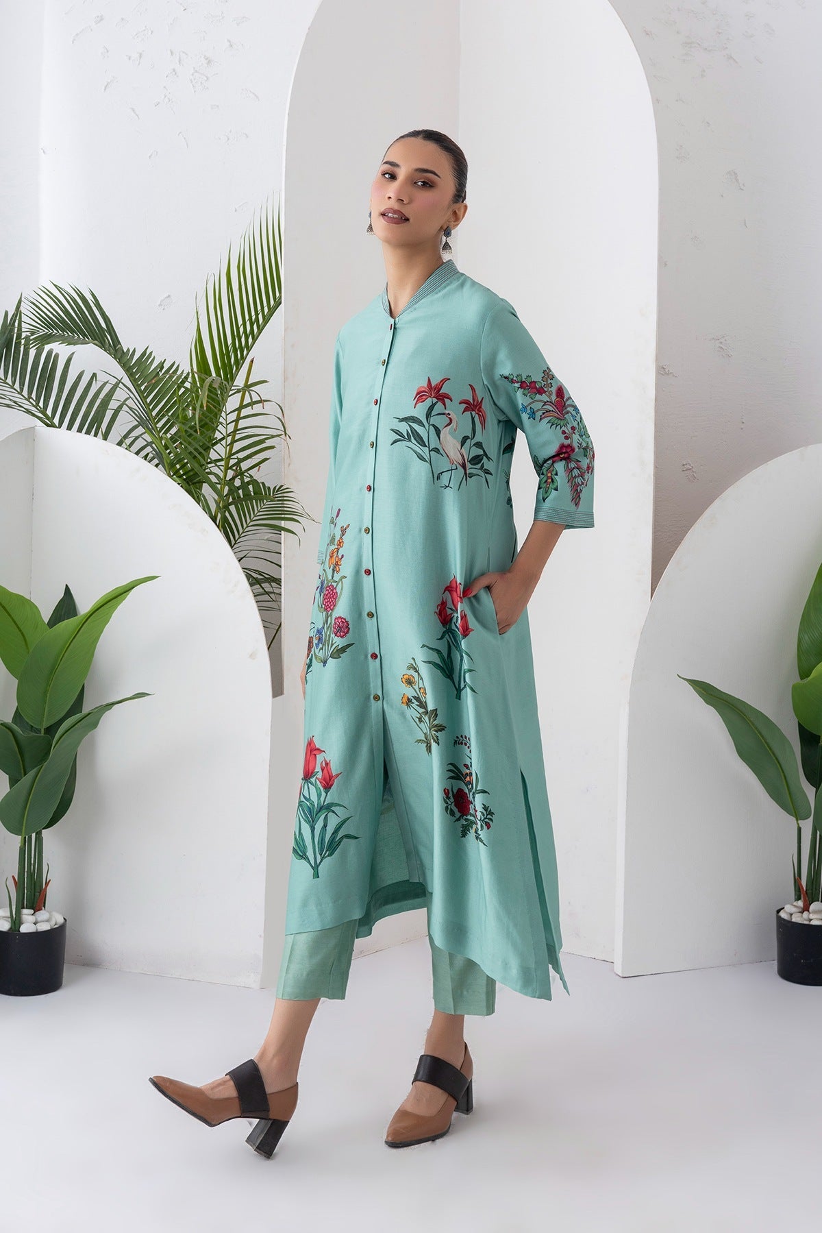 Mint Silk Chanderi Floral Printed Front Open Dress Set (3 PCS)