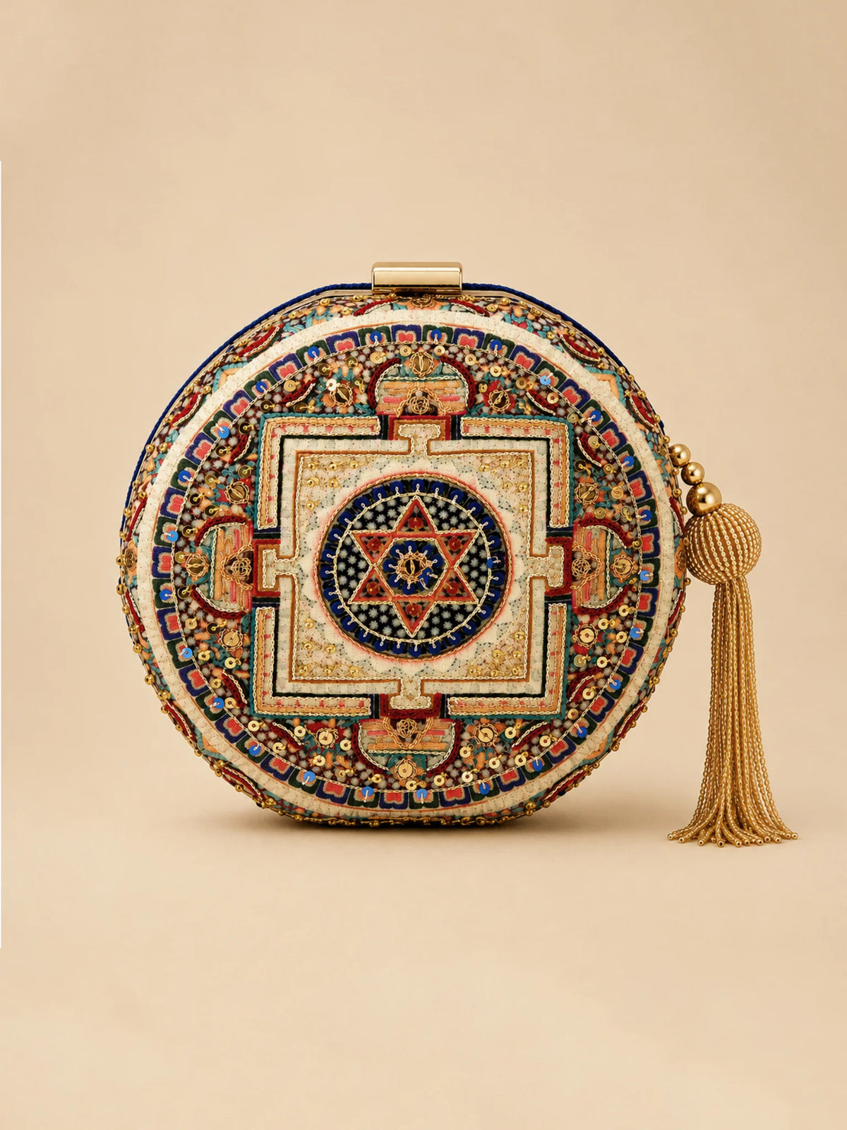 Navy Blue Mandala Embellished Round Clutch Bag with Gold Tassel