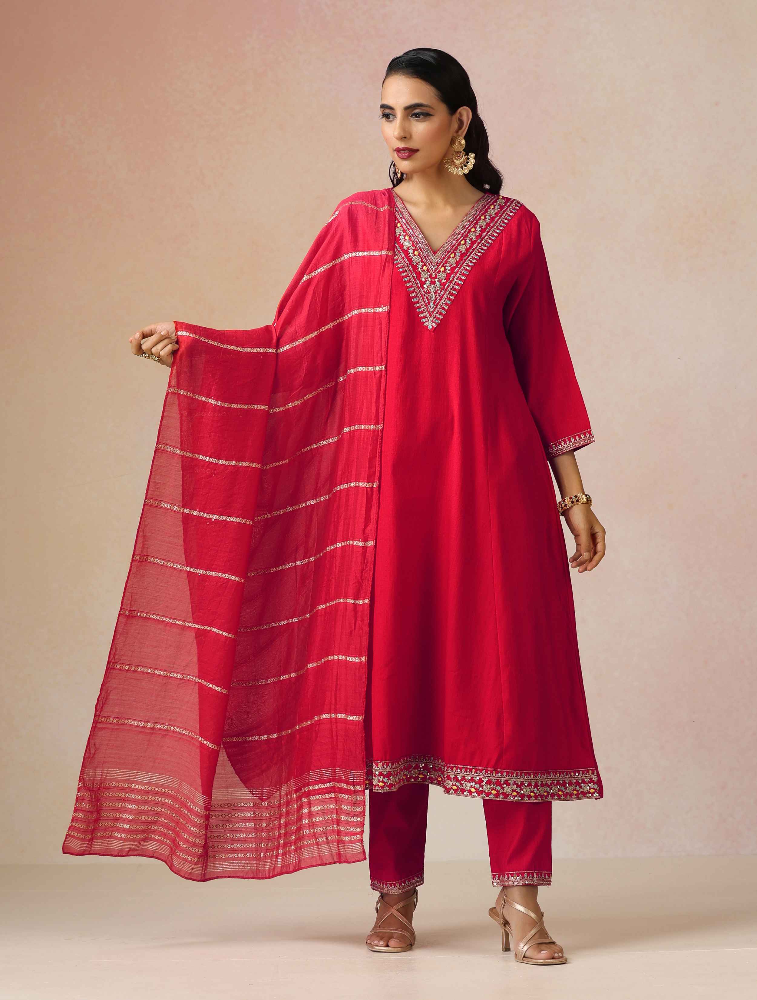 trueBrowns Red Embroidered A-line Kurta 3pc Set