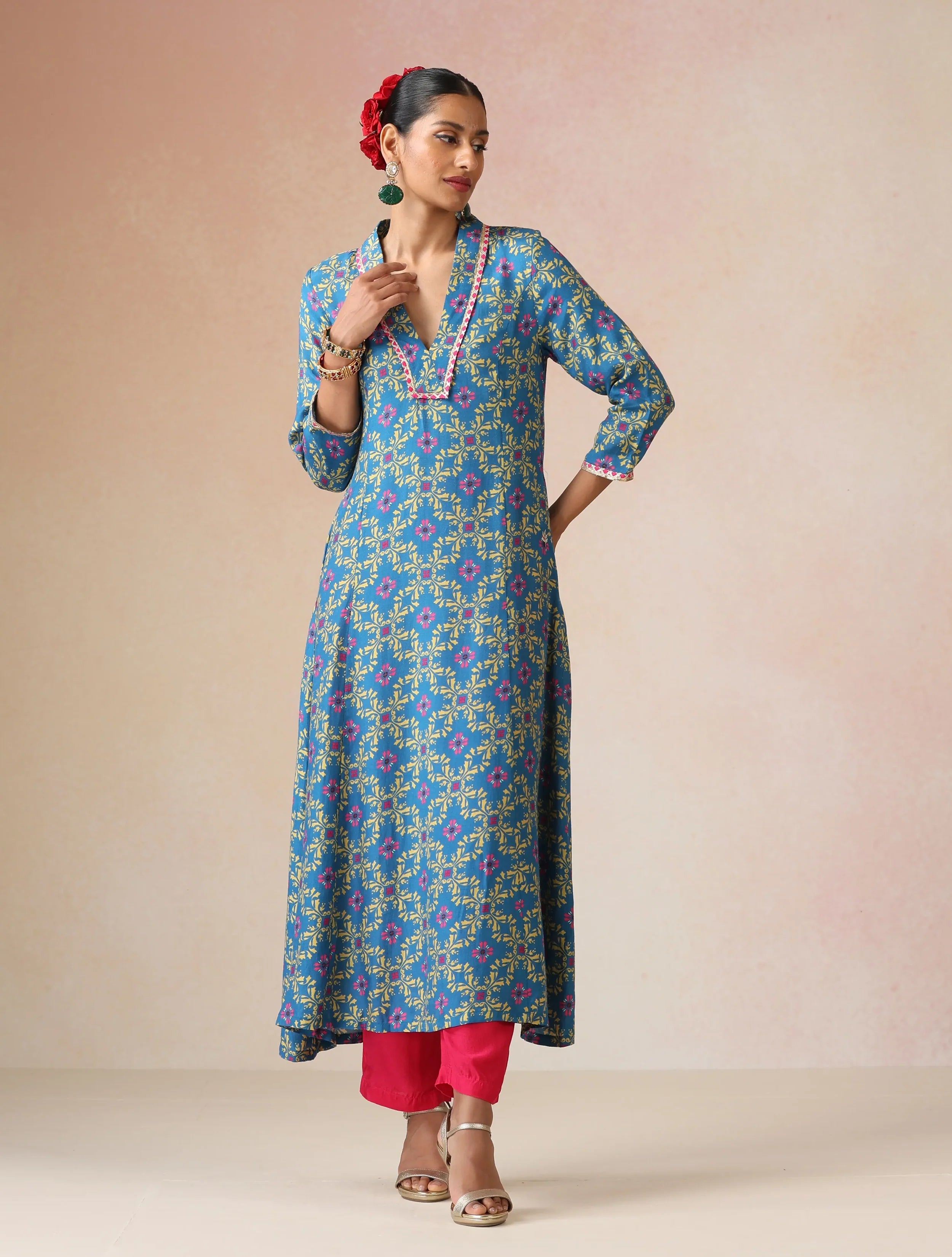 trueBrowns Blue Lime Jaal Print Viscose A-line Kurta Set