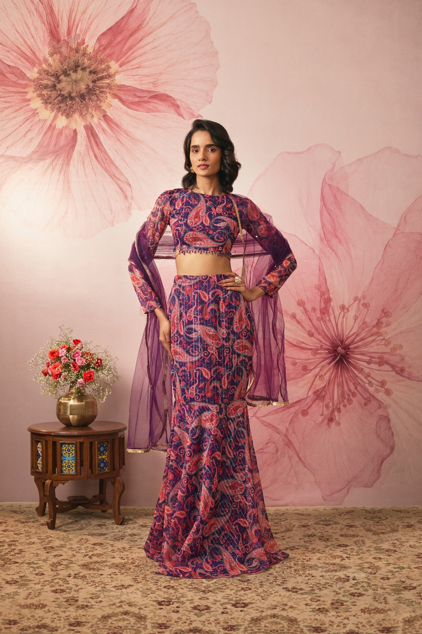 VIOLET PAISLEY PRINTED LEHENGA SET