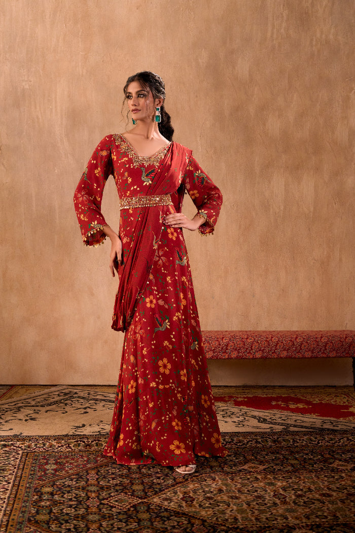 RED PRINT EMBROIDERED ANARKALI WITH DRAPE AND BELT SET - image 1