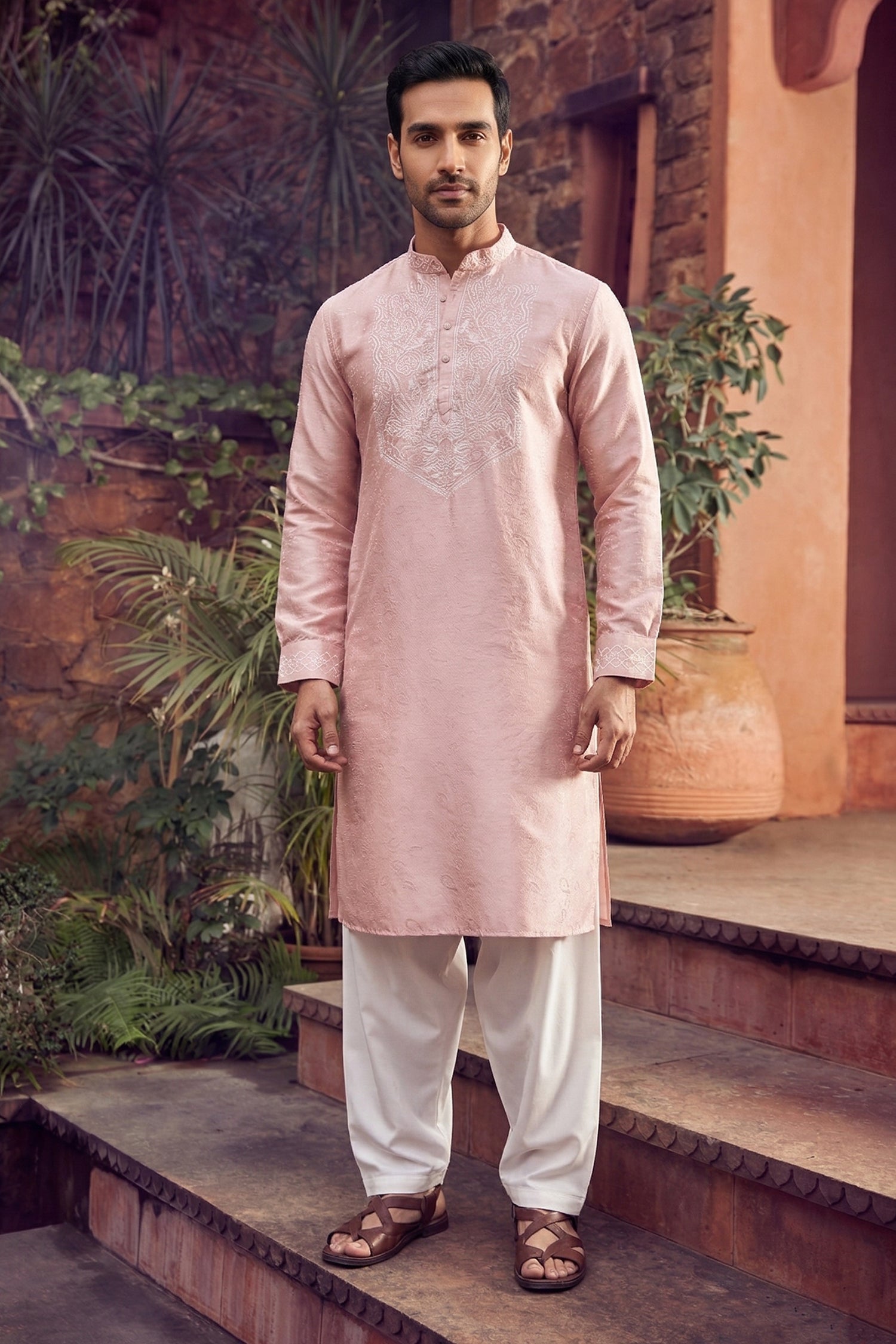 Men's Viscose Cream Woven, Embroidery Work Kurta with payjama