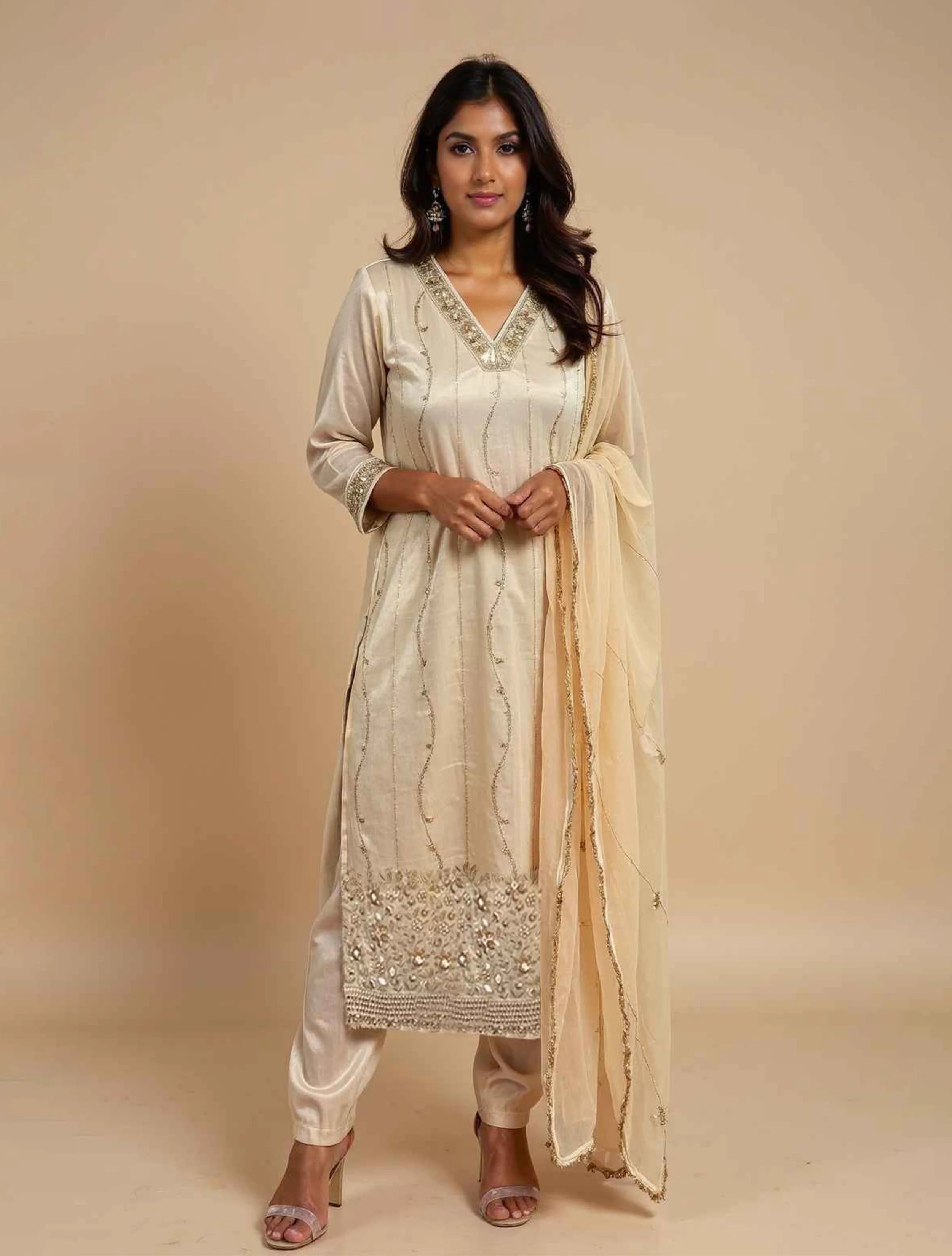 trueBrowns Ivory Zari Embroidered Straight Kurta Pant Dupatta Set