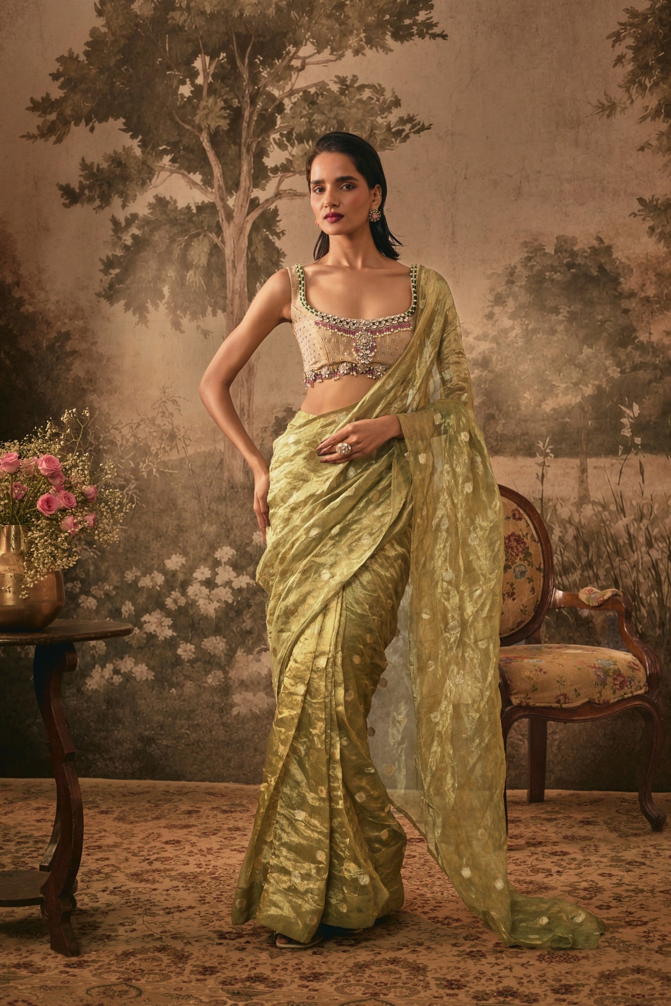 METALIC OLIVE TISSUE SILK PRE-DRAPED SAREE WITH EMBELLISHED BLOUSE