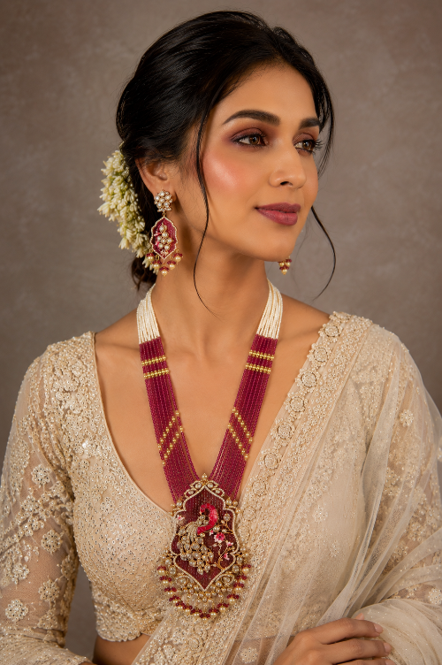 Moissanite Polki Ruby Peacock Beaded Statement Necklace Set