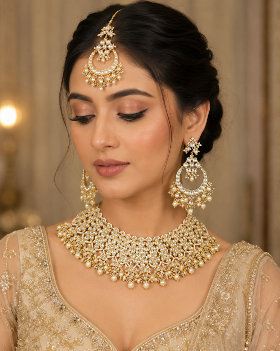 Royal Jaipuri Kundan Pearl Floral Choker Necklace Set with Chandbali earring & Maang Tikka
