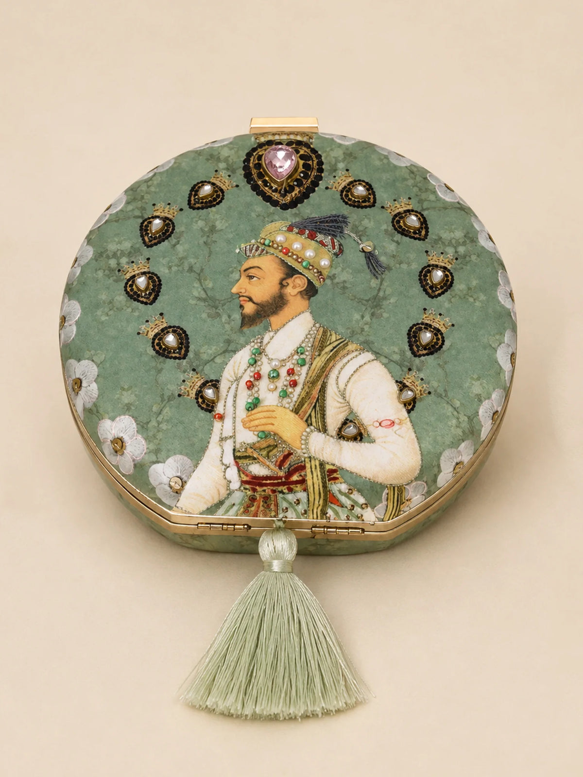 Sage Green Shehzada Portrait Round Clutch Bag with Embellished Tassel