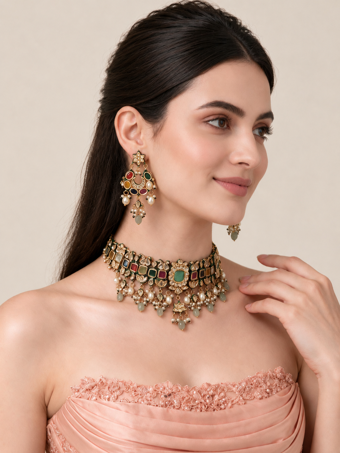 Navratna Kundan Pearl Choker Earring Set