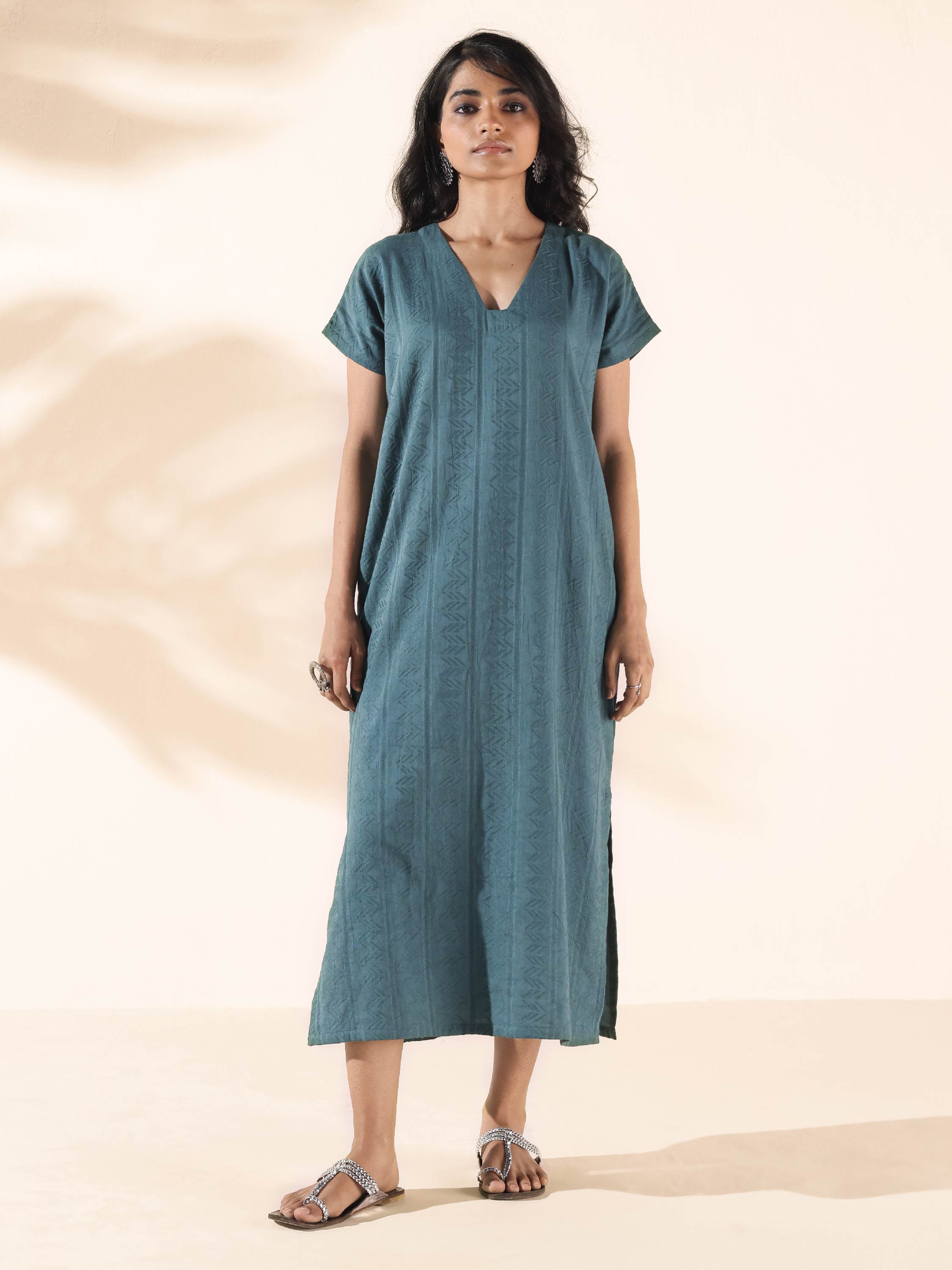 trueBrowns Turquoise Cotton Dobby Dress