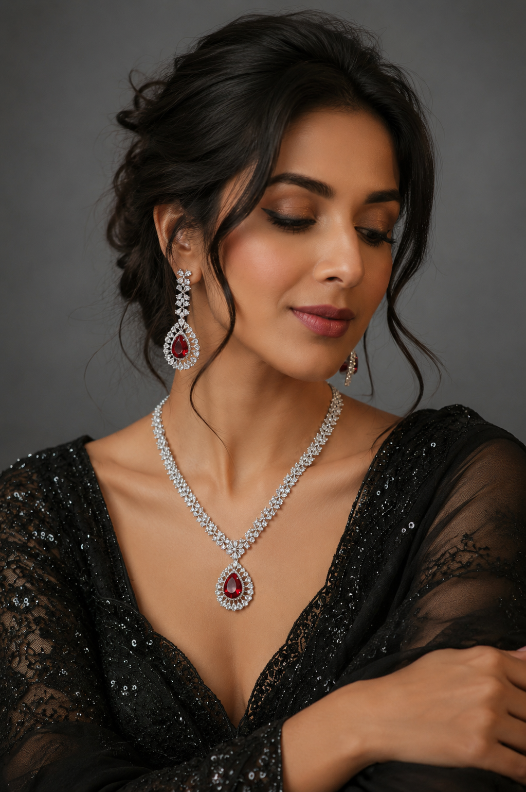Ruby Red Teardrop Cubic Zirconia  Look Necklace Set with Statement earring