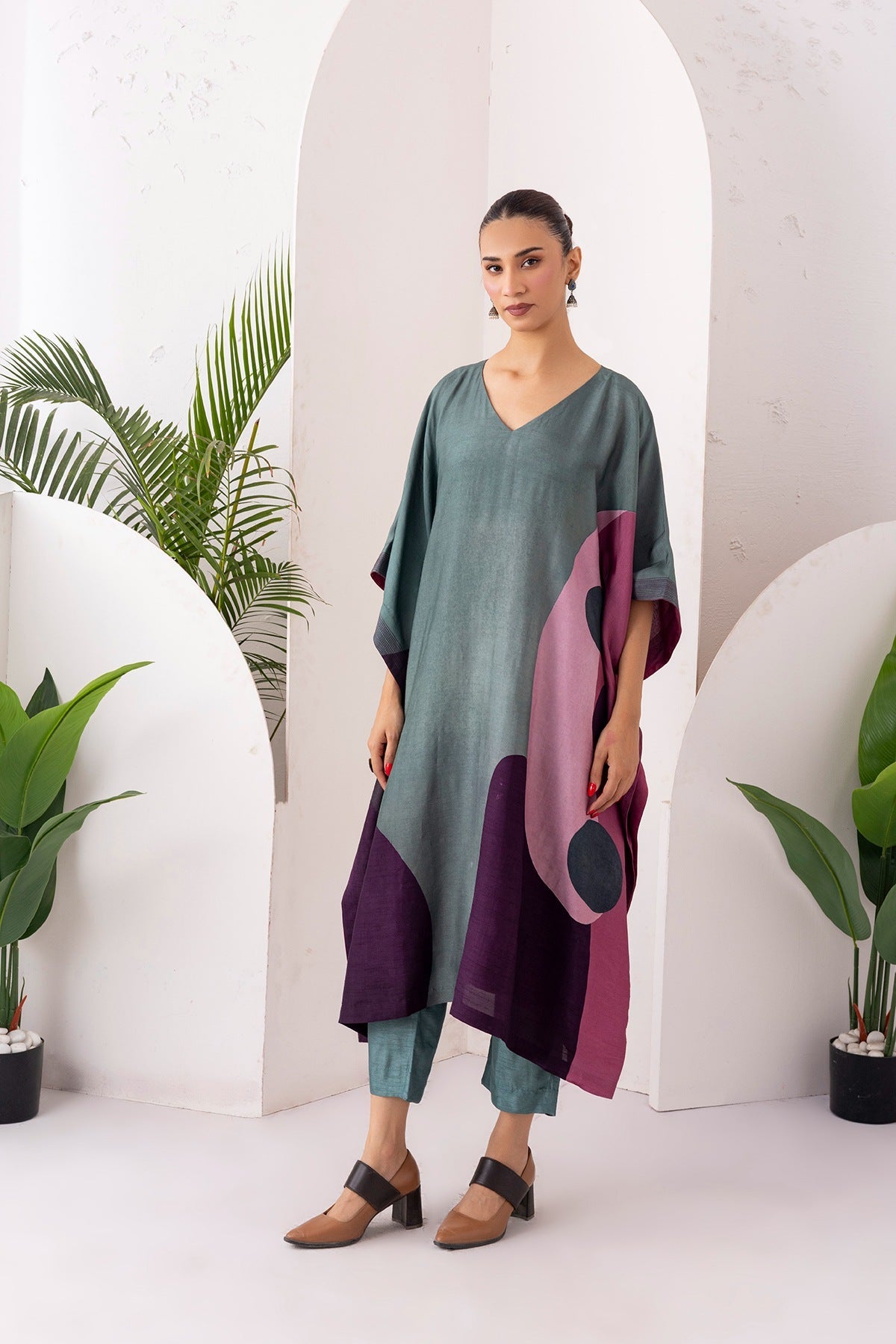 Sage Green & Salmon Pink Viscose Dupion Printed Kaftan Set (2 PCS)