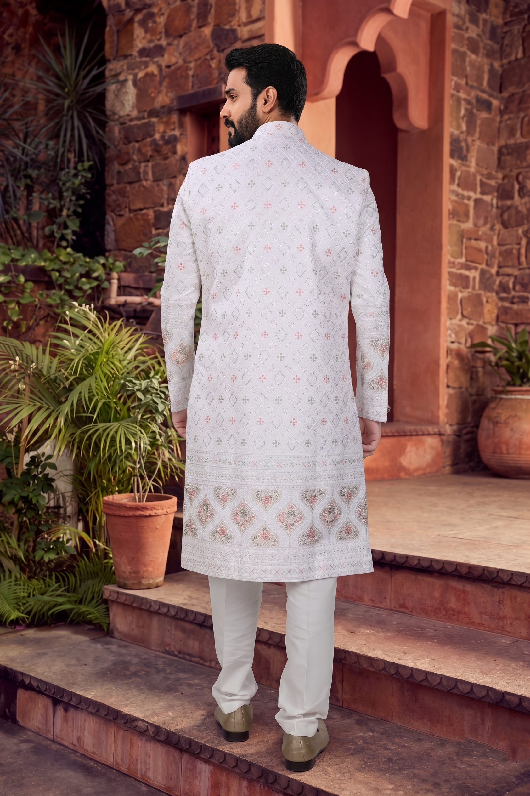 Men's SILK WHITE(MULTI COLOURS EMBROIDARY)  SHERWANI