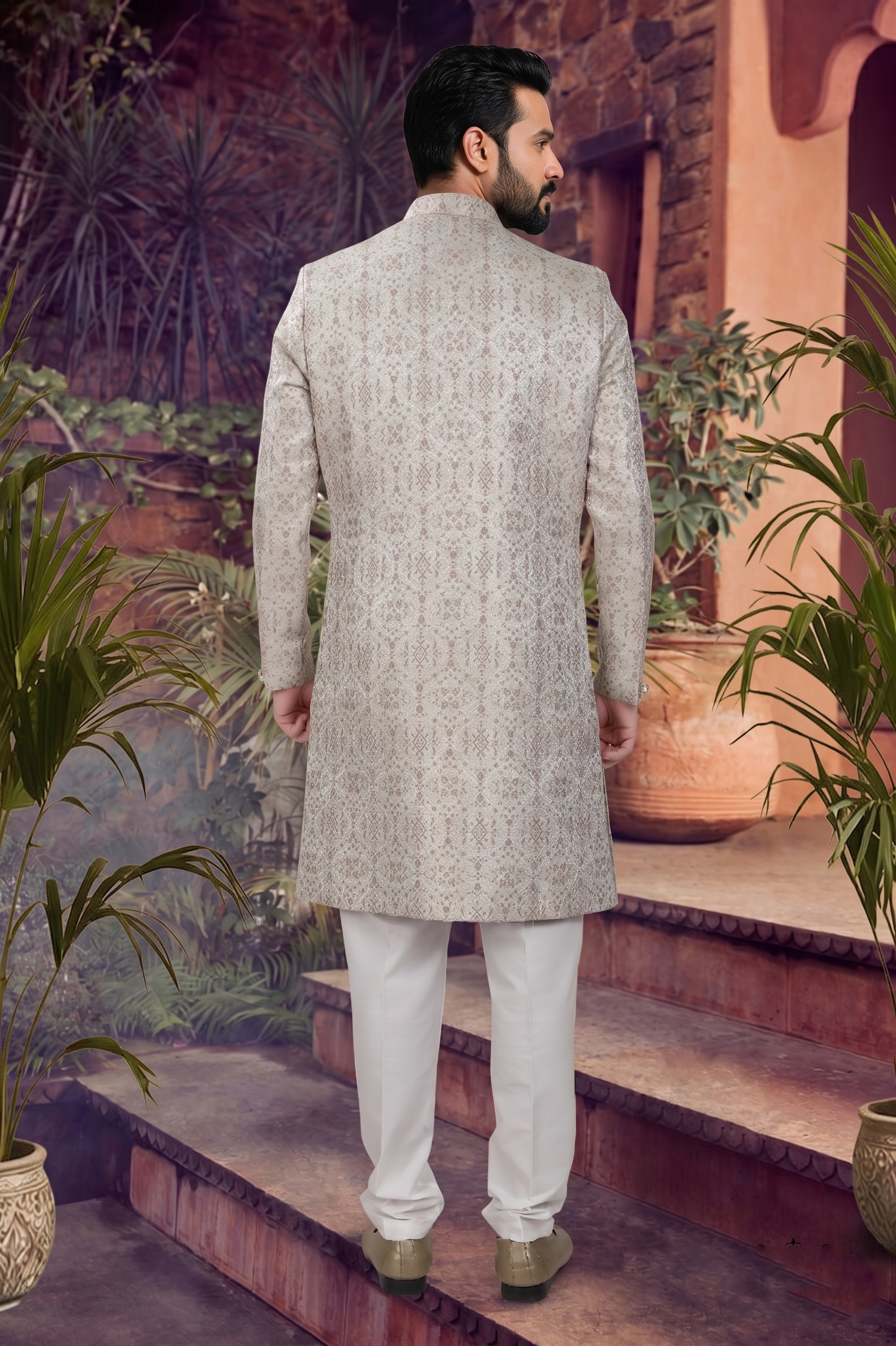 Men's WOVEN JACQUARD BIEGE  SEMI-INDO-WESTERN
