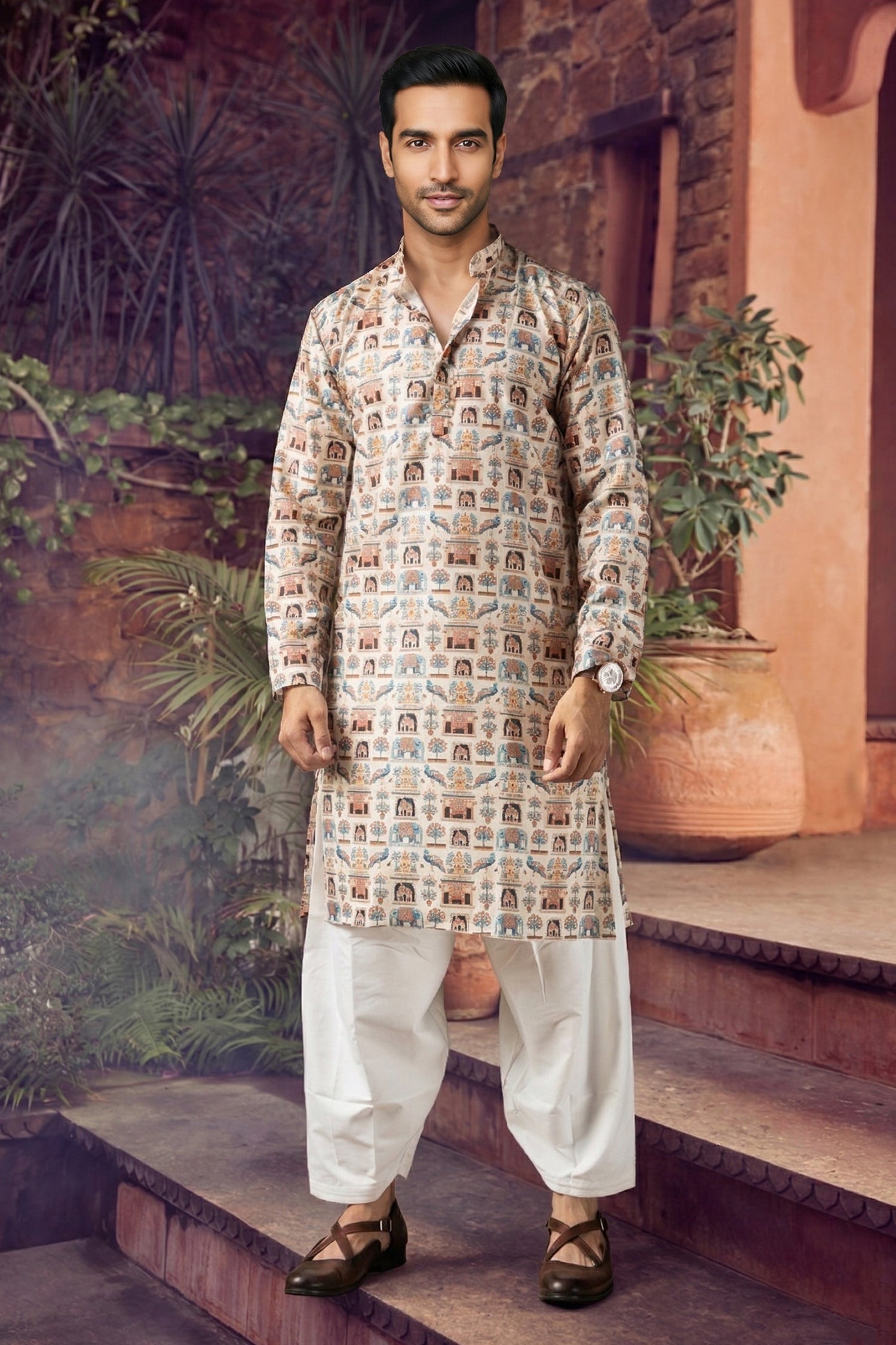 Men's Blended Cotton Cream Designer Printed Kurta with payjama
