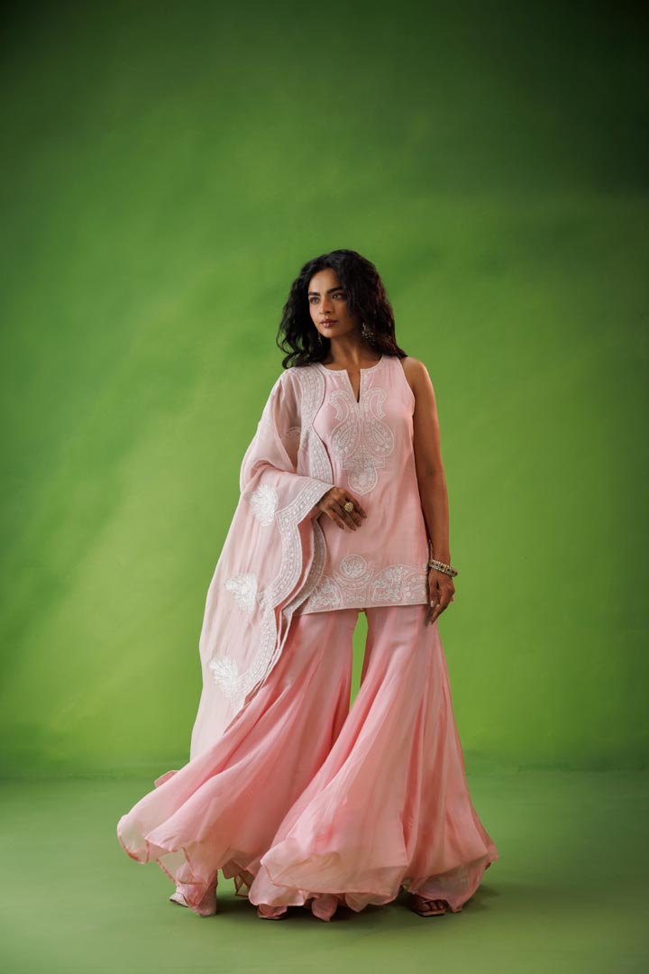 Baby pink flared sharara set