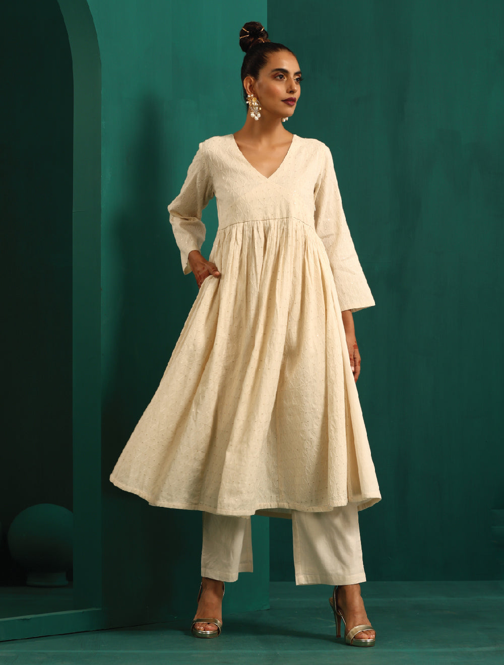 trueBrowns Ivory Embroidered Arkali Kurta Pant Set