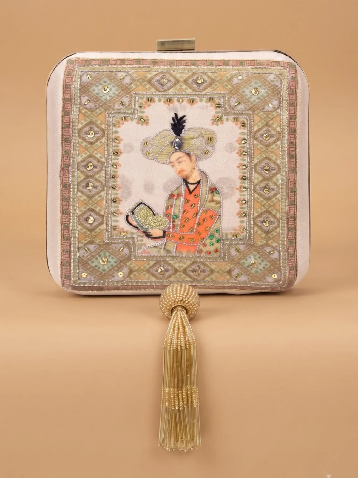 Mughal Court Emperor Miniature Art Clutch Bag with Gold Embellishment