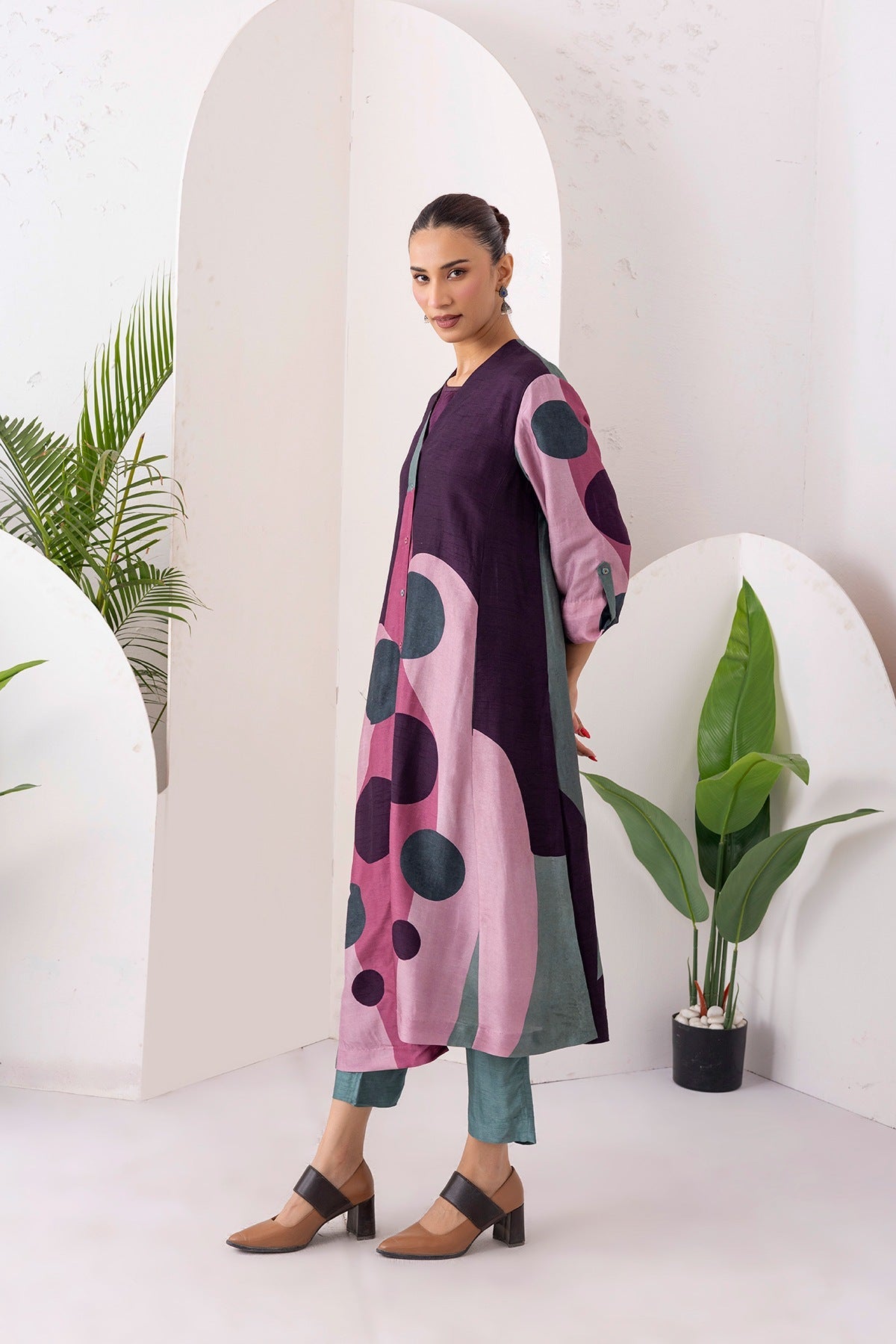 Salmon Pink & Wine Viscose Dupion Printed Dress Set (3 PCS)