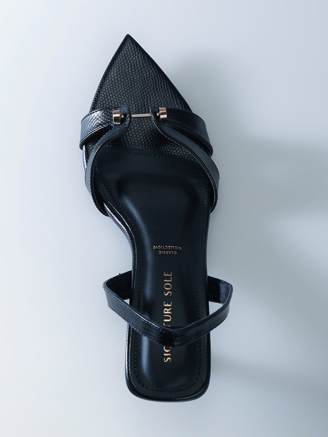 Black Sculptural Gold Heel Slingback