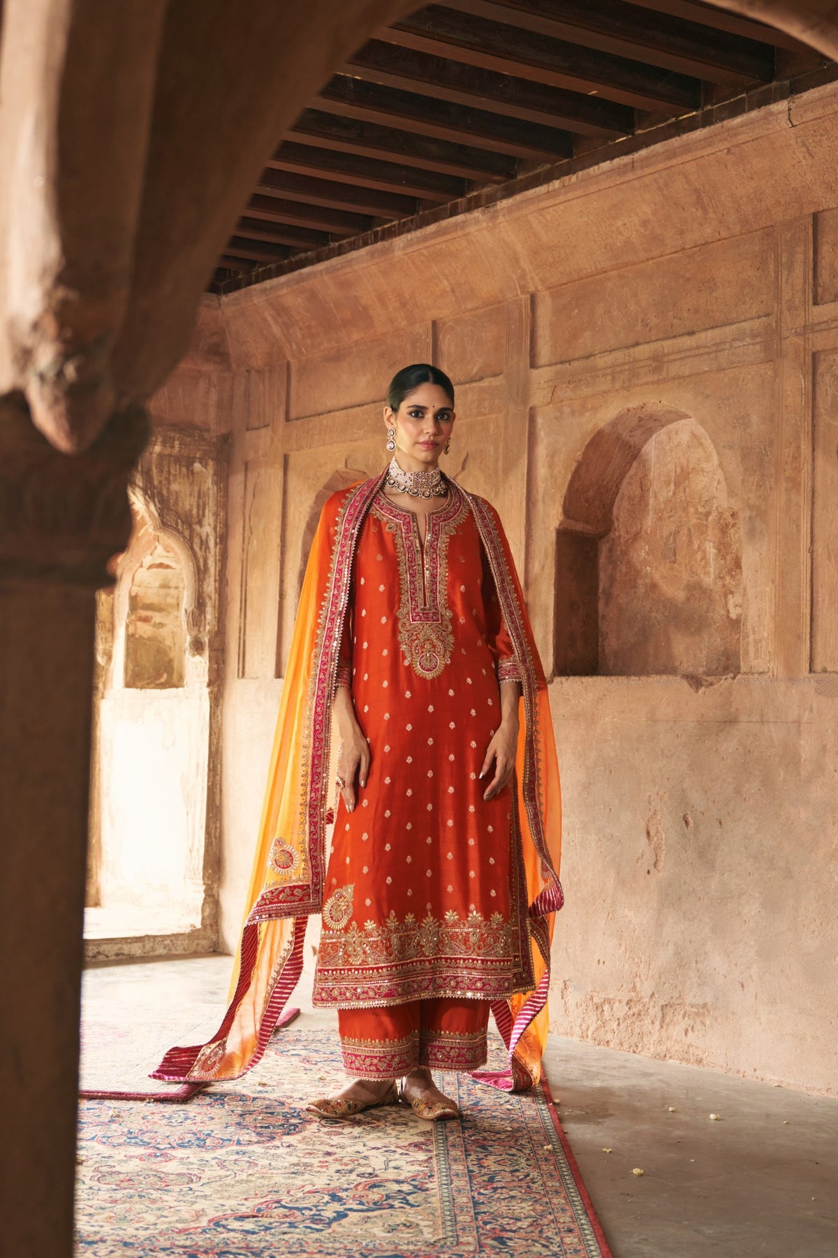Burnt Orange Embroidered Kurta Set with Silk Organza Dupatta