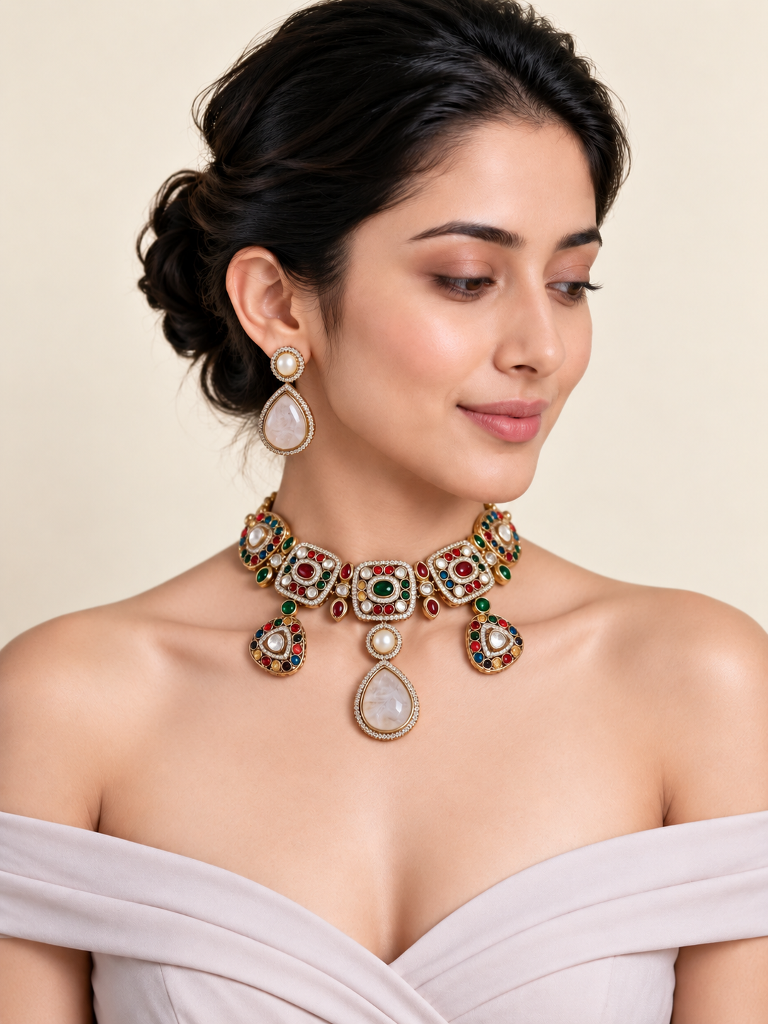 Multicolor Stone Drop Choker Necklace Set