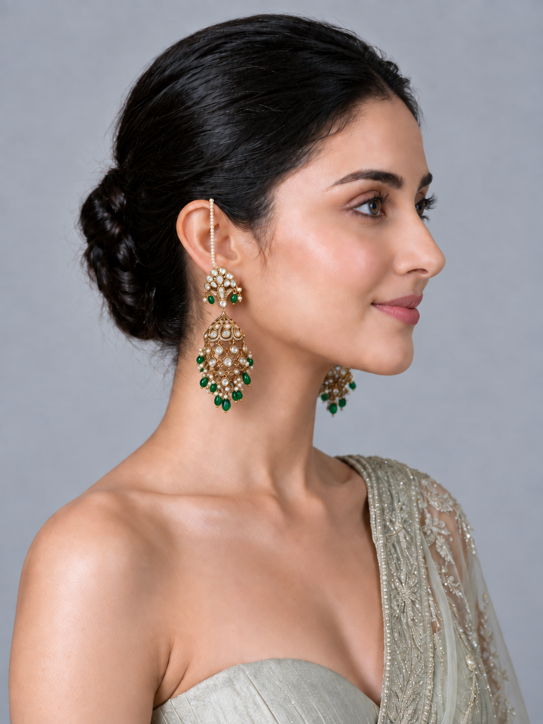 Kundan Pearl Ear Chain Earrings