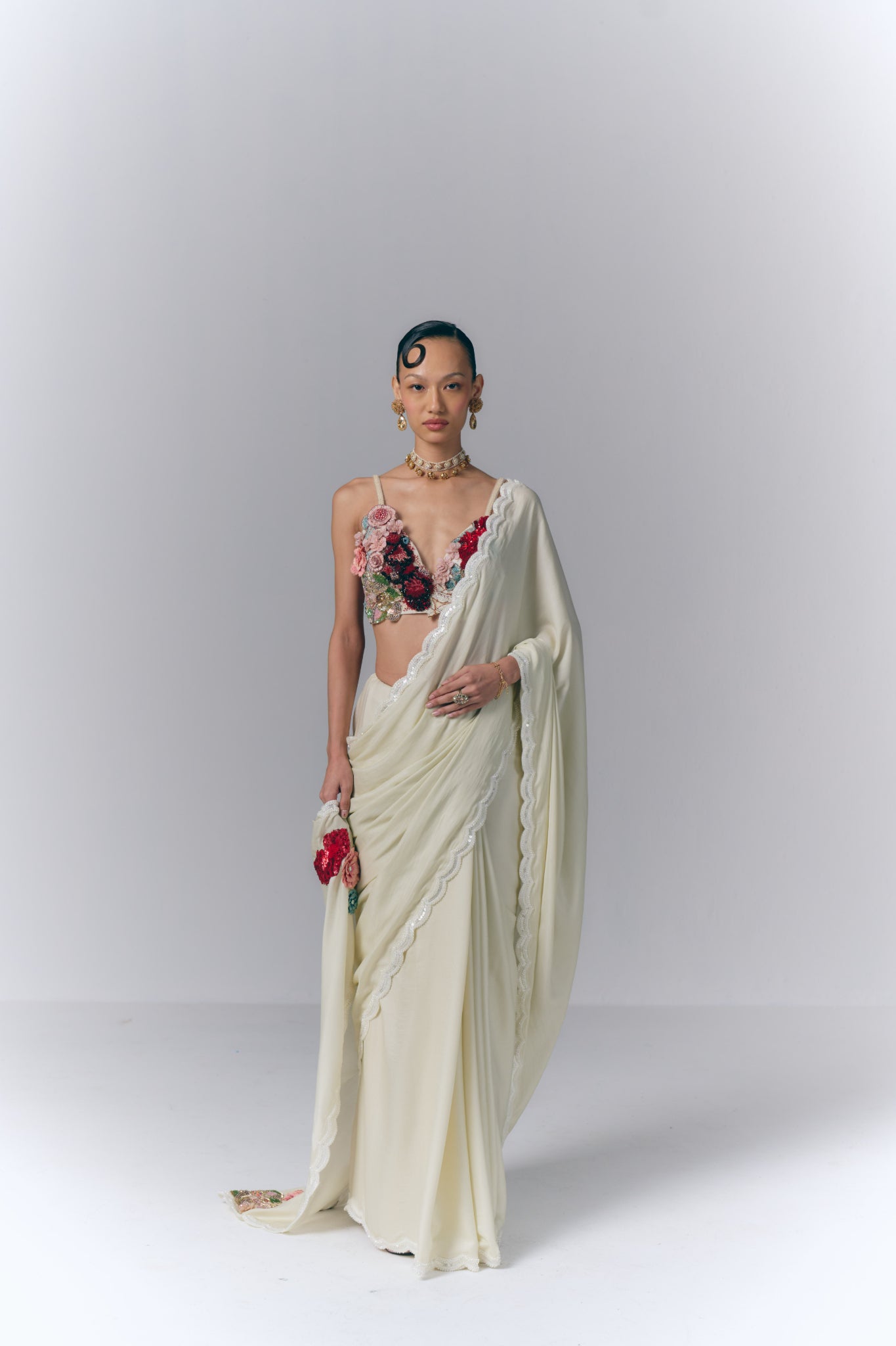 Ivory Blossom Drape Saree Set