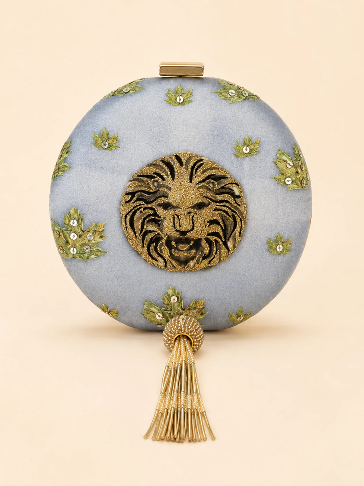 Grey Lion Motif Round Clutch Bag with Embroidered Botanical Detail