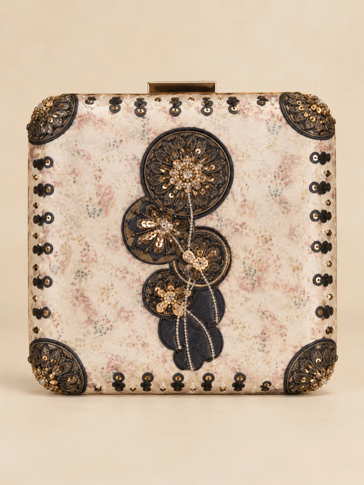 Ivory Floral Print Embroidered Clutch Bag with Black Gold Embellishment