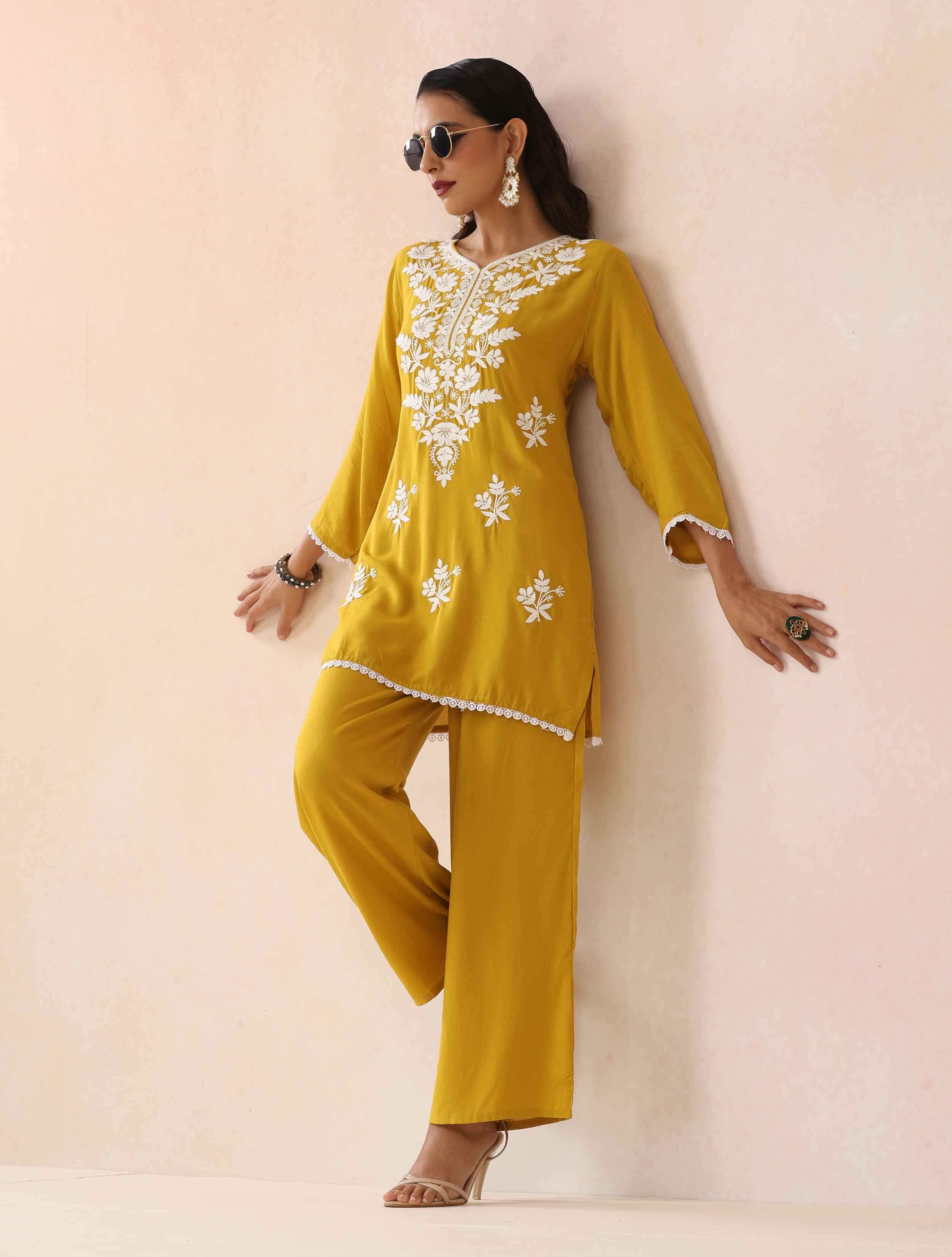 trueBrowns Yellow Embroidered Straight Kurta Co-Ord Set