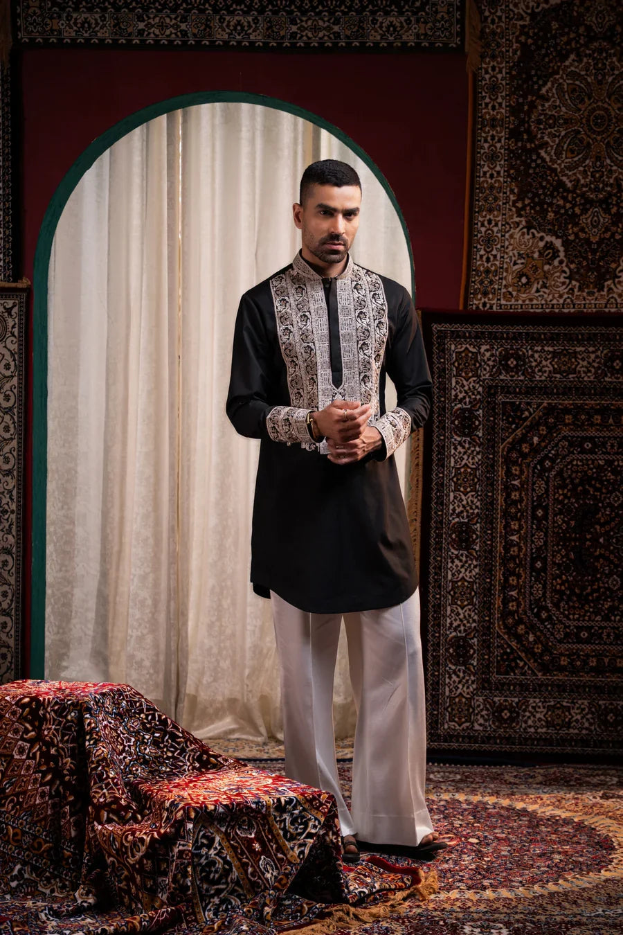 Black Embroidered Kurta in Satin Silk