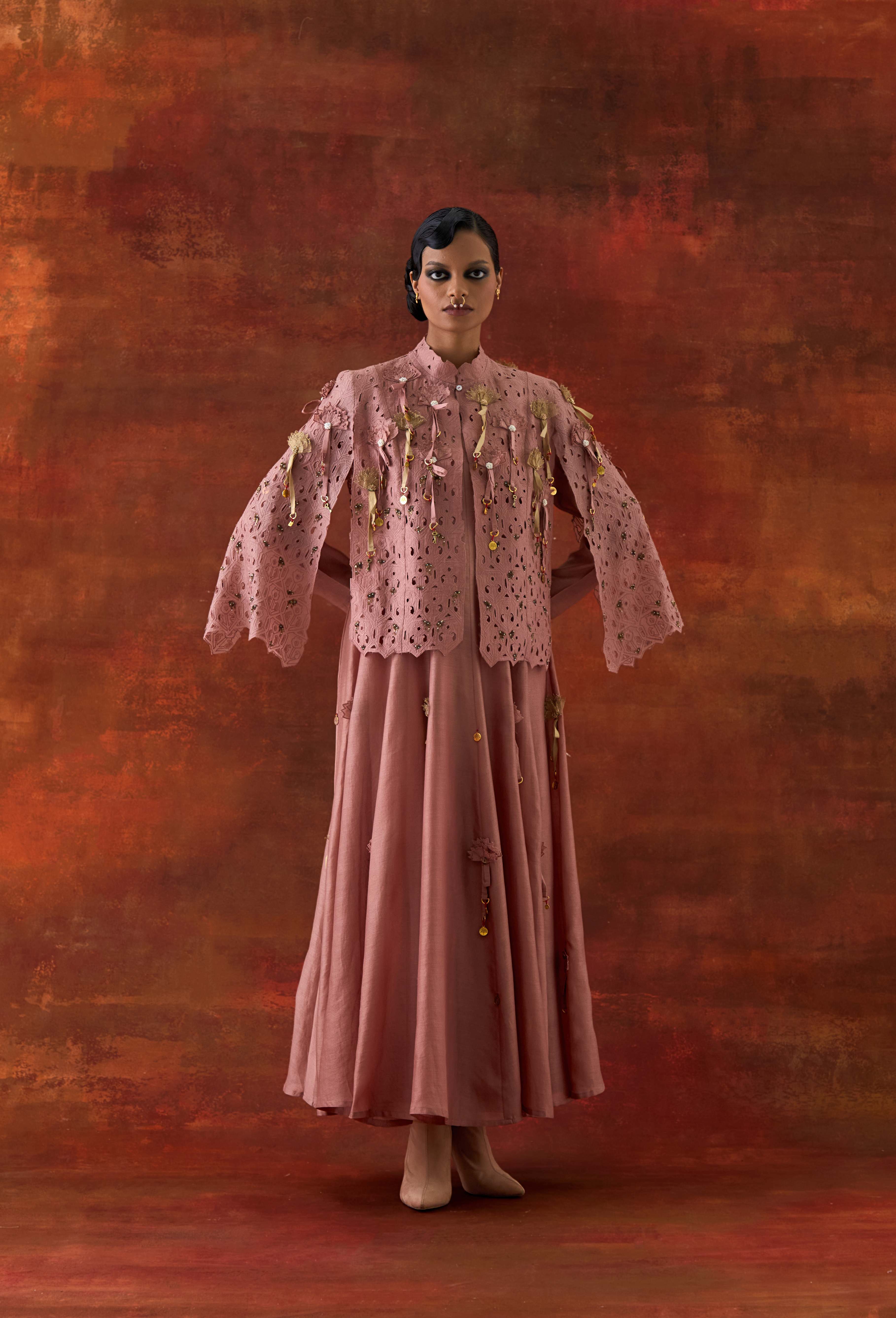 EMBROIDERED CUTWORK CAPE WITH 3D FLOWER KALIDAR - image 1