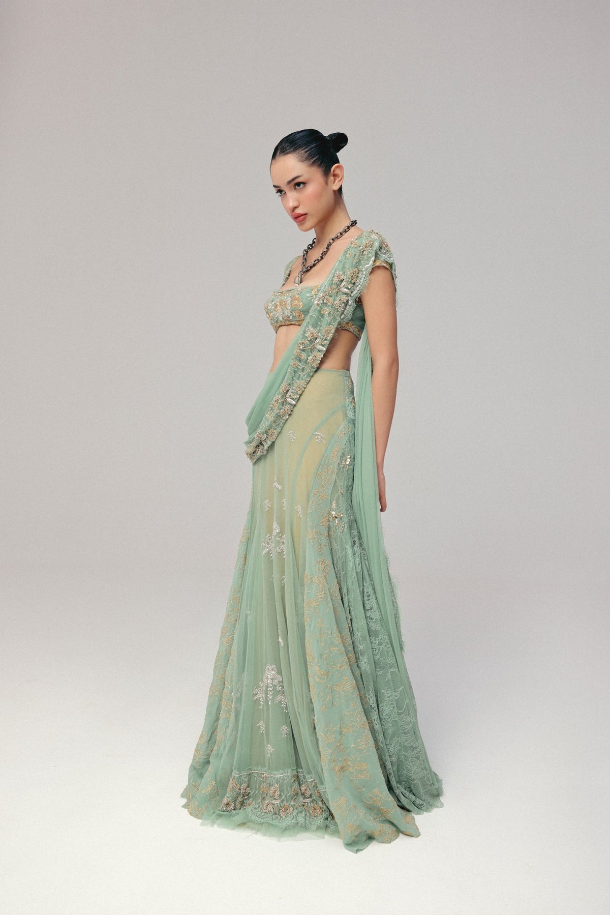 Zardosi & Crystal Embroidery, Soft Tulle & Pure Georgette with Lace, Pre-Stitched Saree Set, Blouse Silhouette