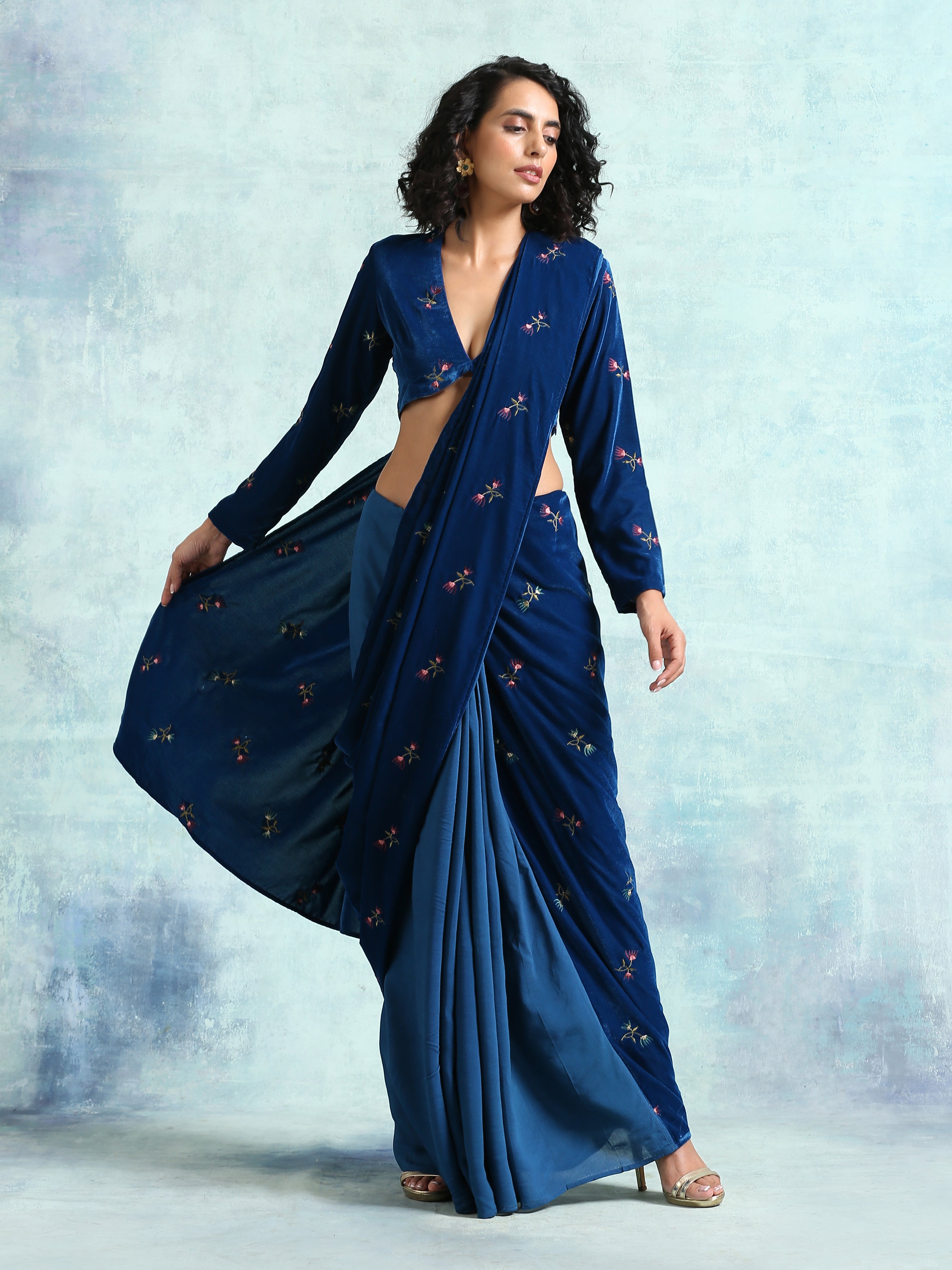 Blue Embroidered Velvet Pre-Stitched Saree