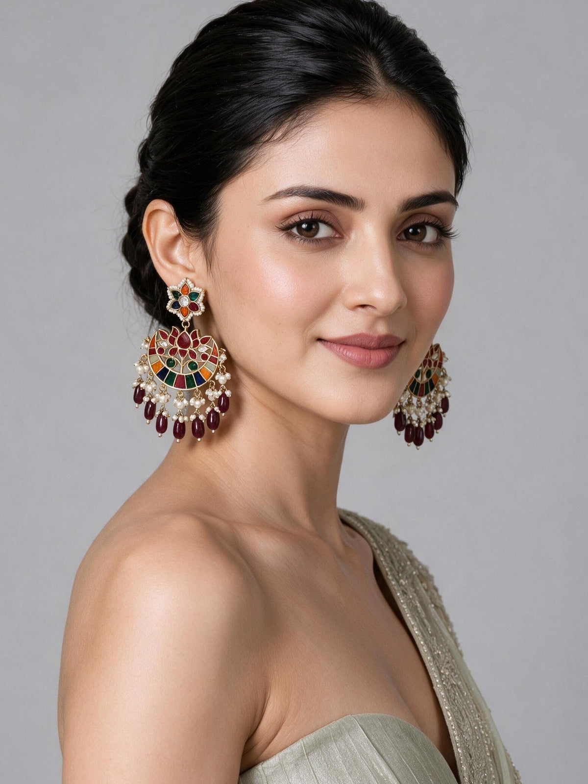 Multicolor Kundan Pearl Chandbali Earrings
