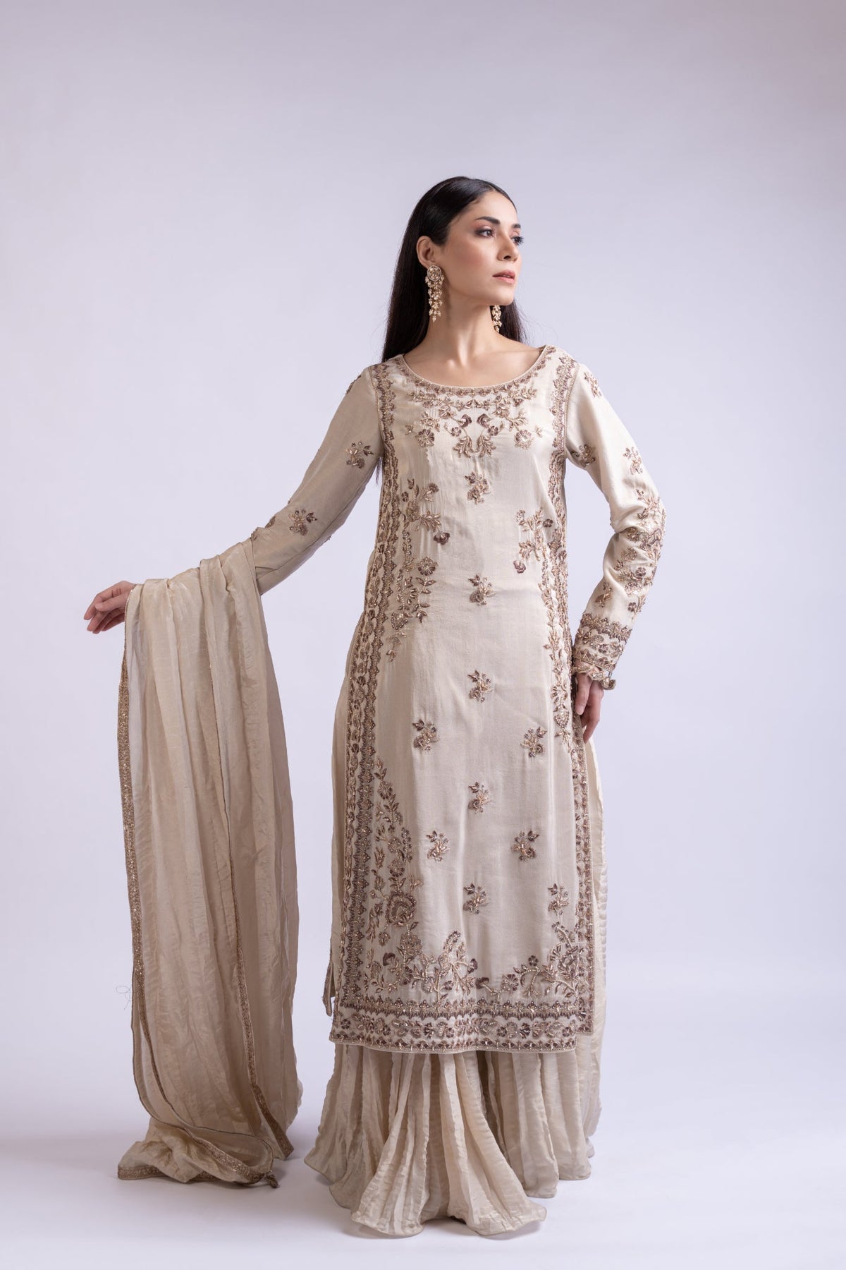 Ivory Embroidered Tissue Silk Sharara Set