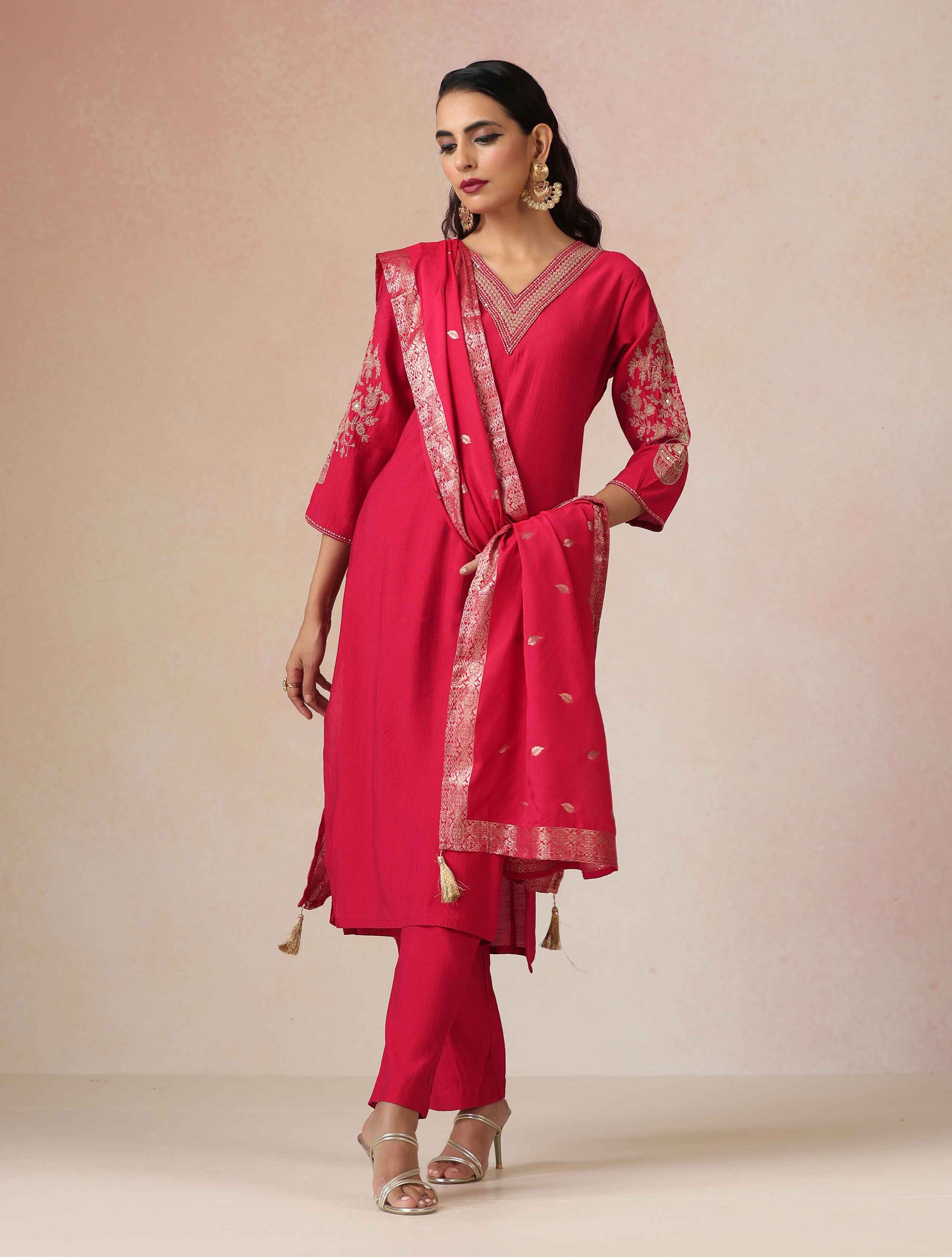 trueBrowns Red Embroidered Straight Kurta Pant Dupatta Set