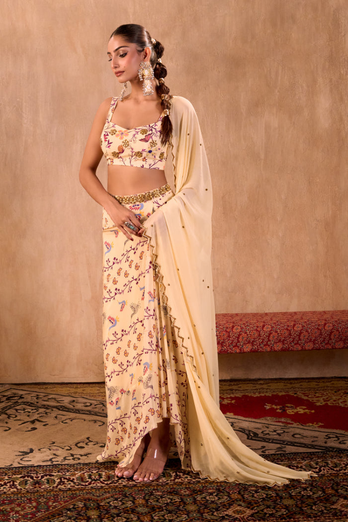 IVORY PRINT EMBROIDERED CHOLI, DRAPED SKIRT AND DUPATTA SET - image 1